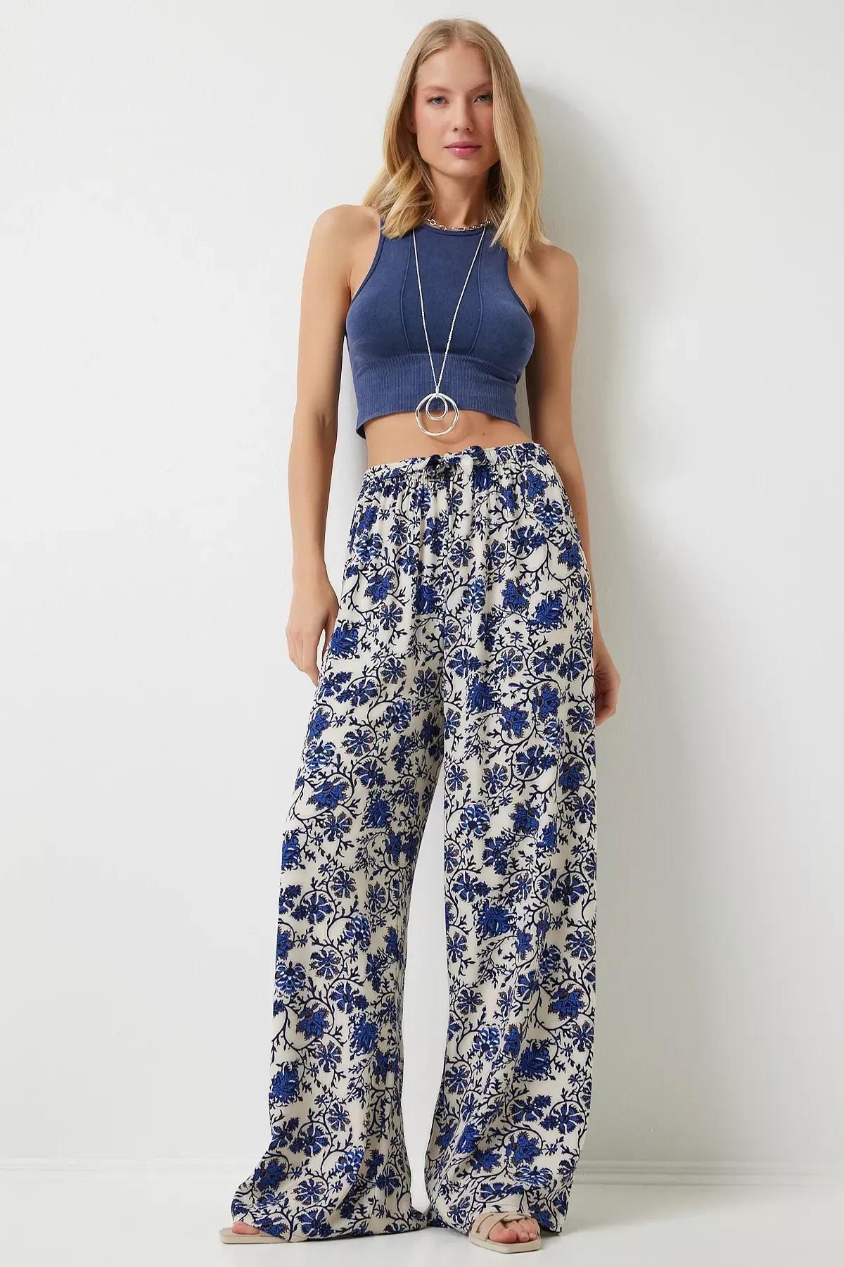 بنطال بالازو بنمط منقوش بقصة منسدلة، ألوان متعددة, Cream Blue, large image number 2