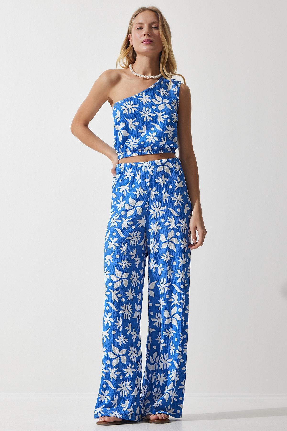 Blue Patterned Cropped Co-Ord Set, , large image number 0