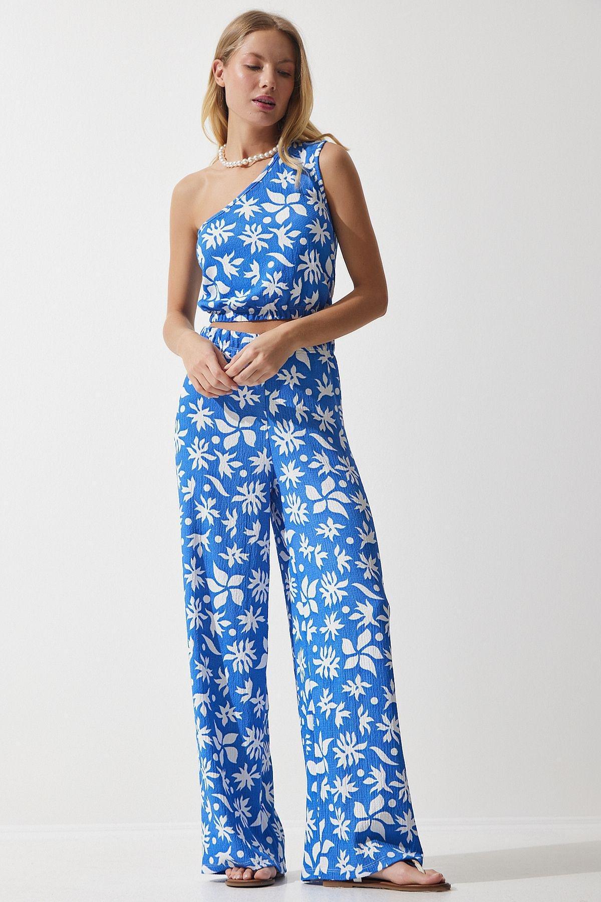 Blue Patterned Cropped Co-Ord Set, , large image number 1