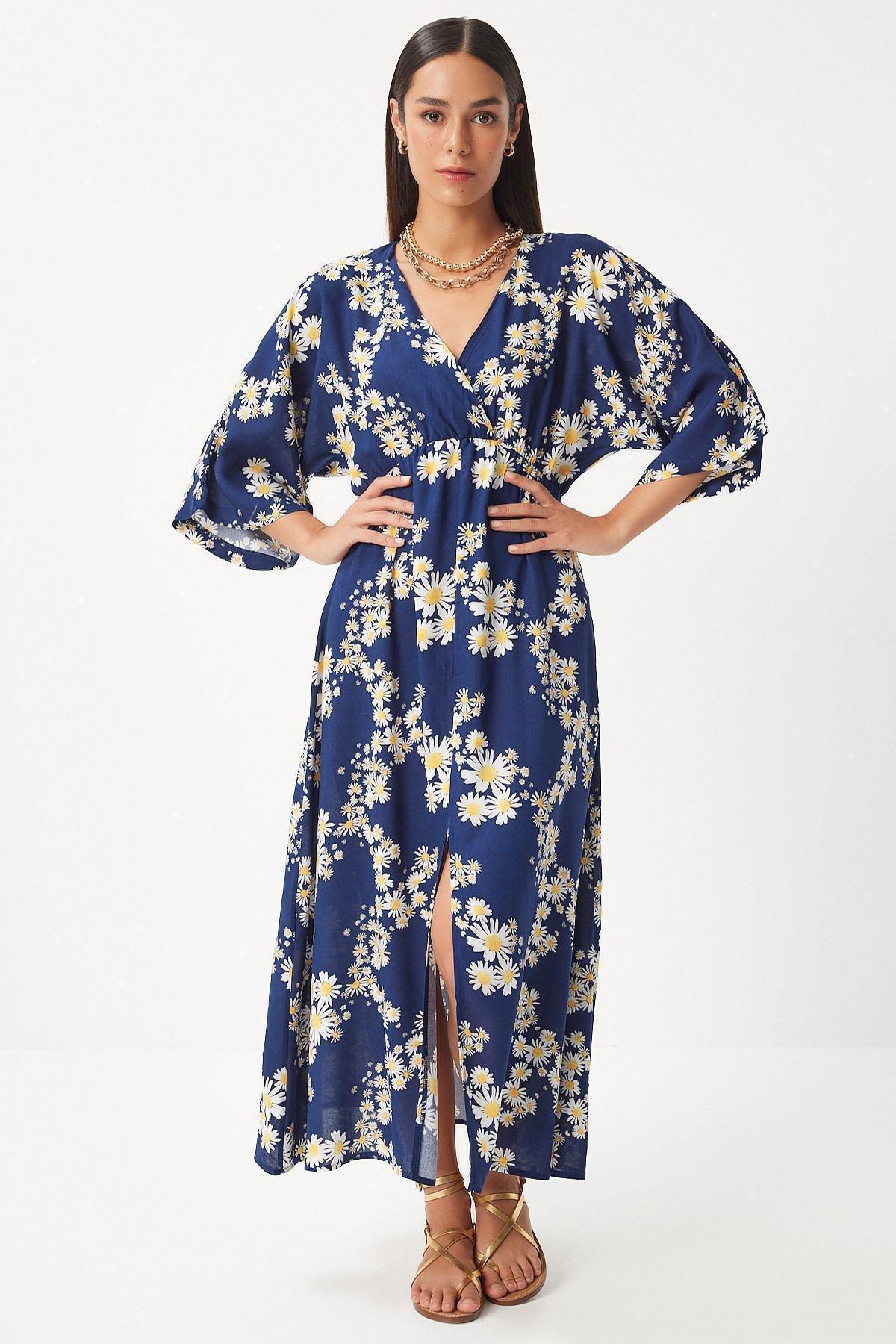Navy Floral Kimono Maxi Dress, , large image number 1