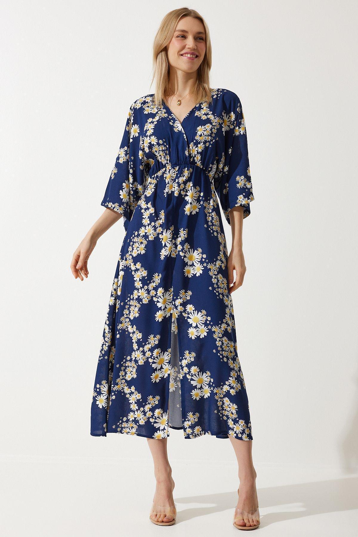 Navy Wrap Collar Patterned Summer Dress, , large image number 0
