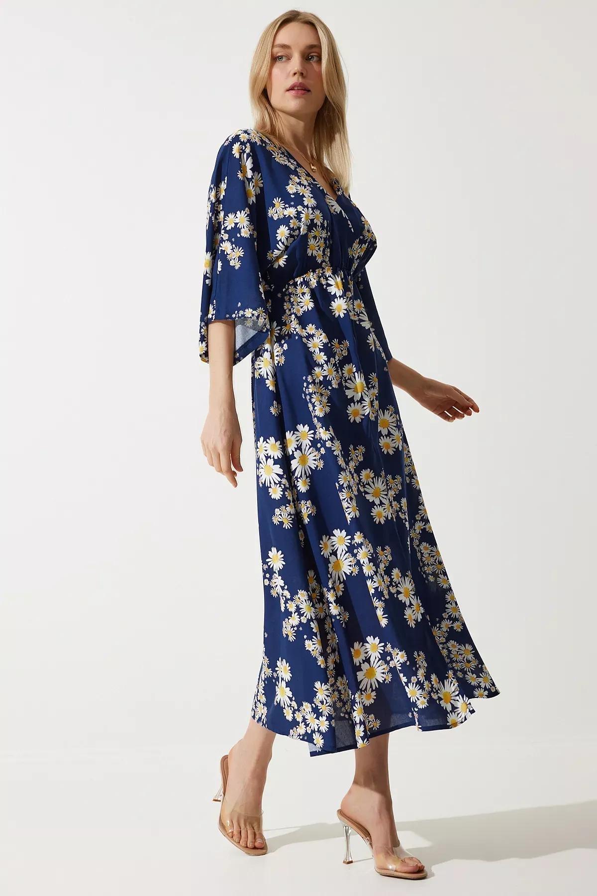Navy Wrap Collar Patterned Summer Dress, , large image number 1