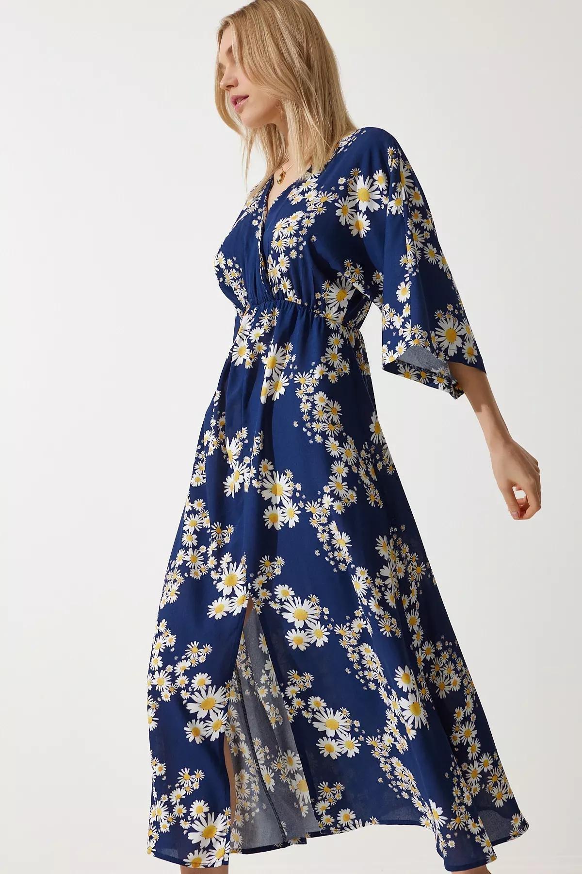 Navy Wrap Collar Patterned Summer Dress, , large image number 2
