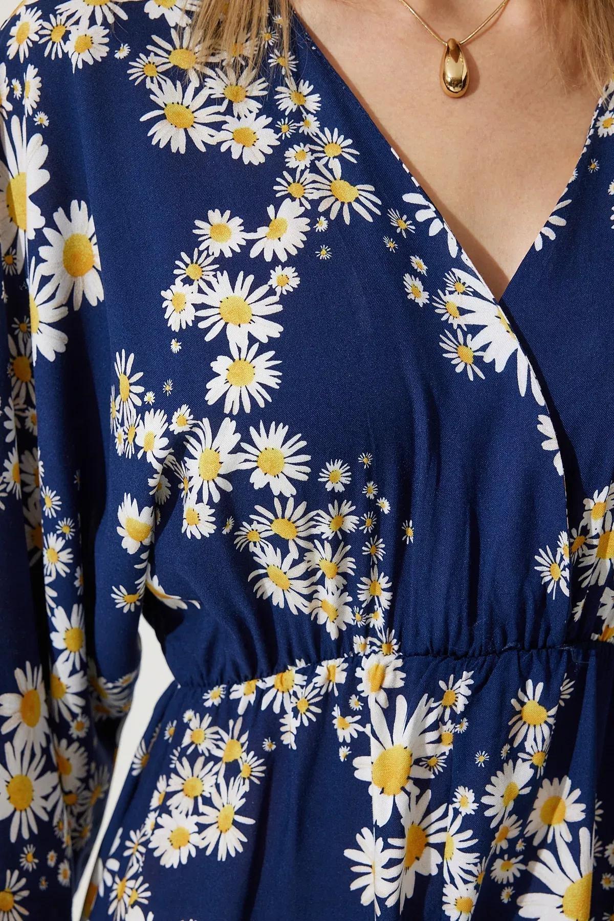 Navy Wrap Collar Patterned Summer Dress, , large image number 3
