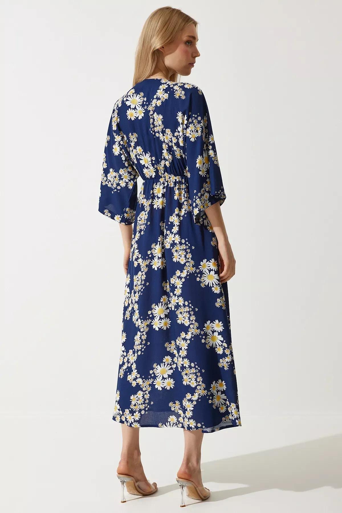 Navy Wrap Collar Patterned Summer Dress, , large image number 4