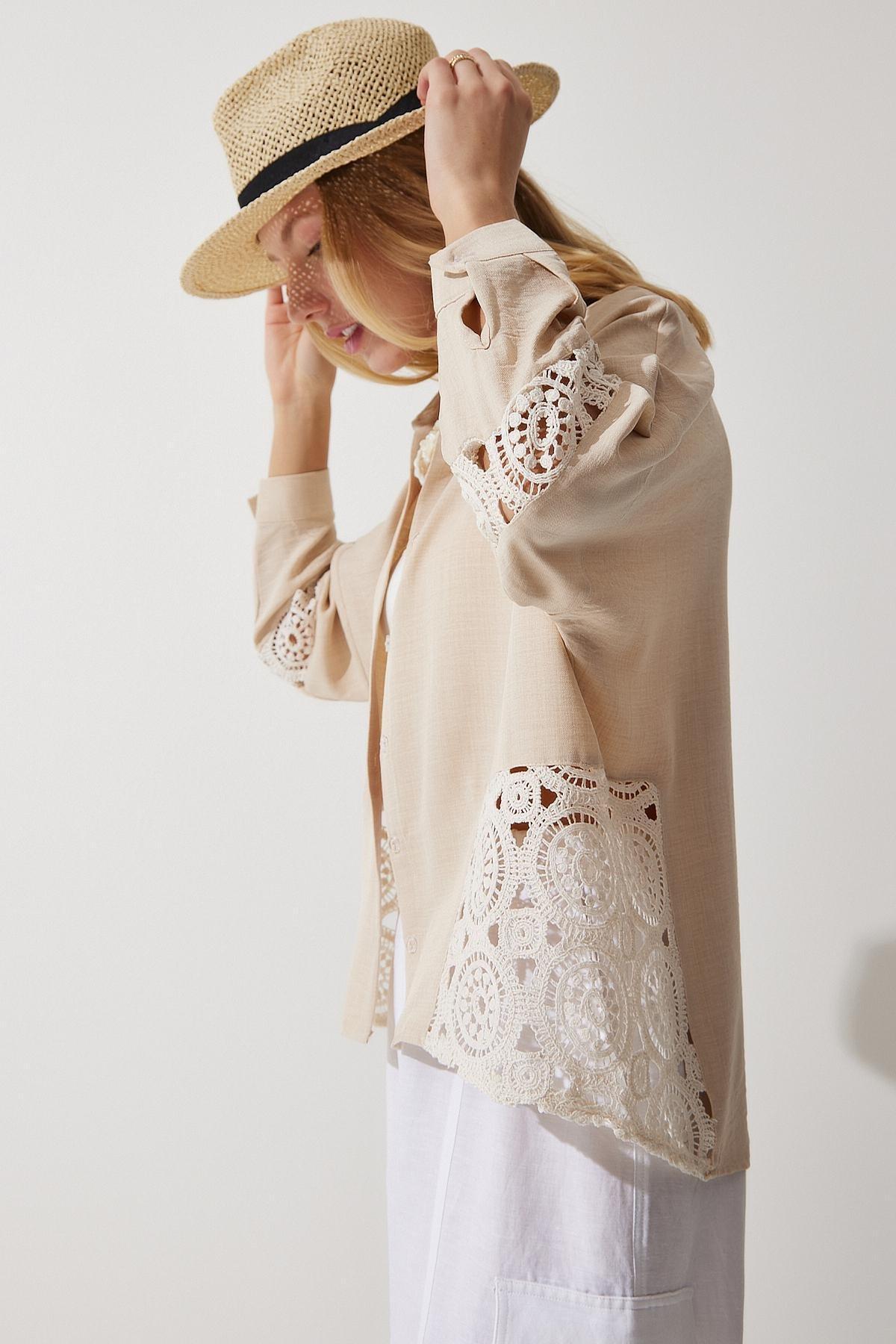 Beige Lace Details Blouse, , large image number 0