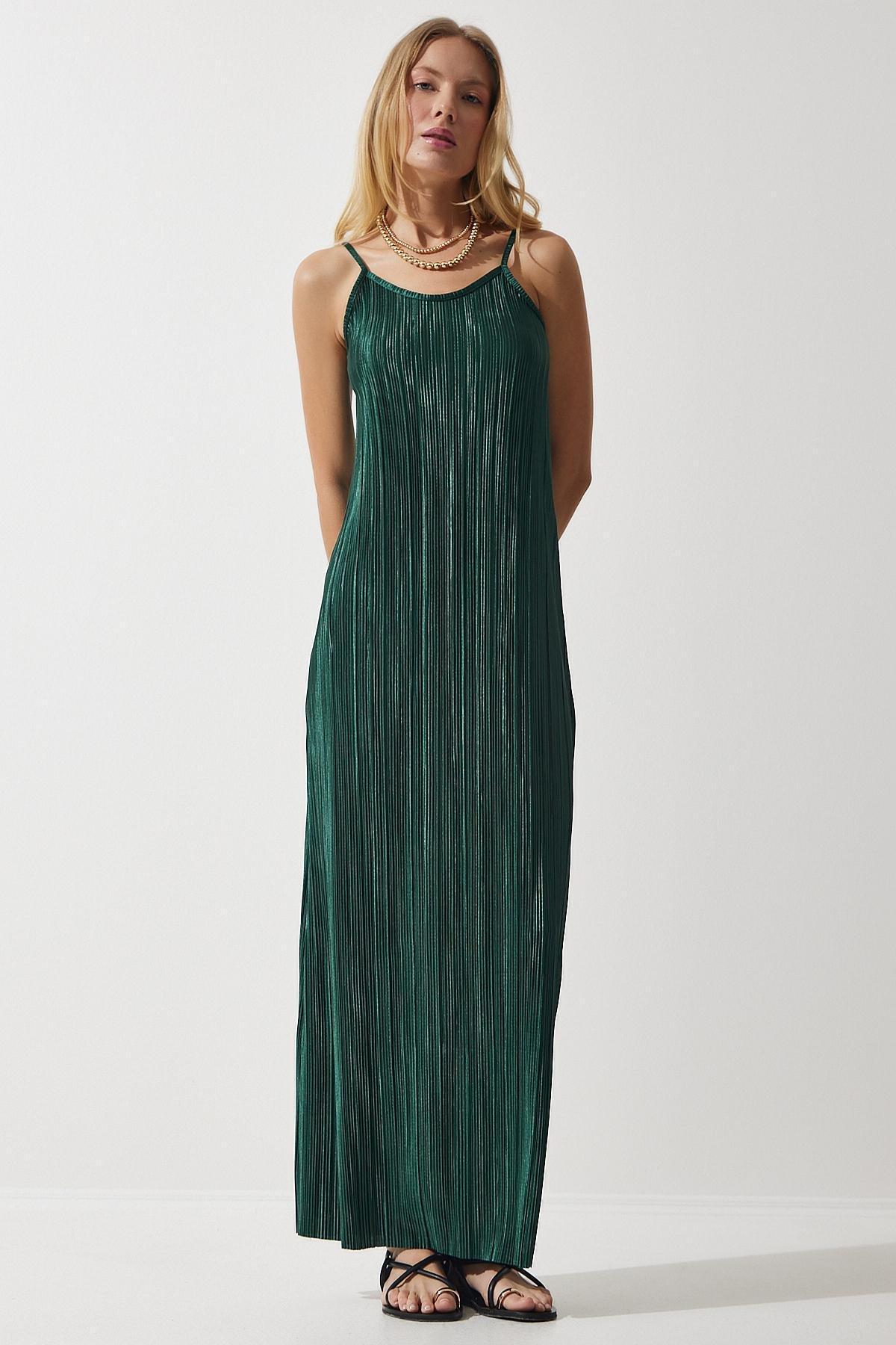 Green Strappy Pleated Dress, , large image number 0