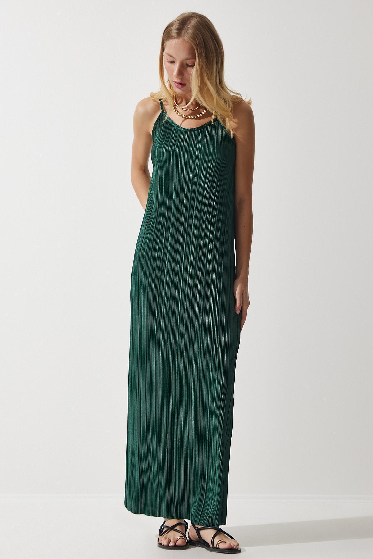 Green Strappy Pleated Dress, , large image number 1