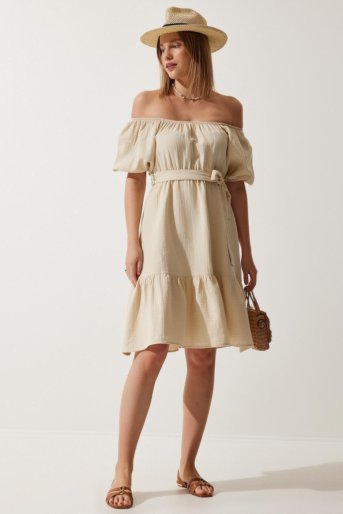 Cream Belted Summer Muslin Dress, , large image number 0