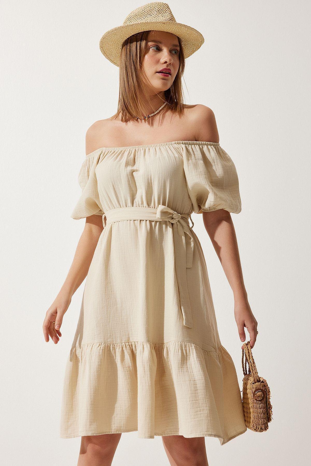 Cream Belted Summer Muslin Dress, , large image number 1