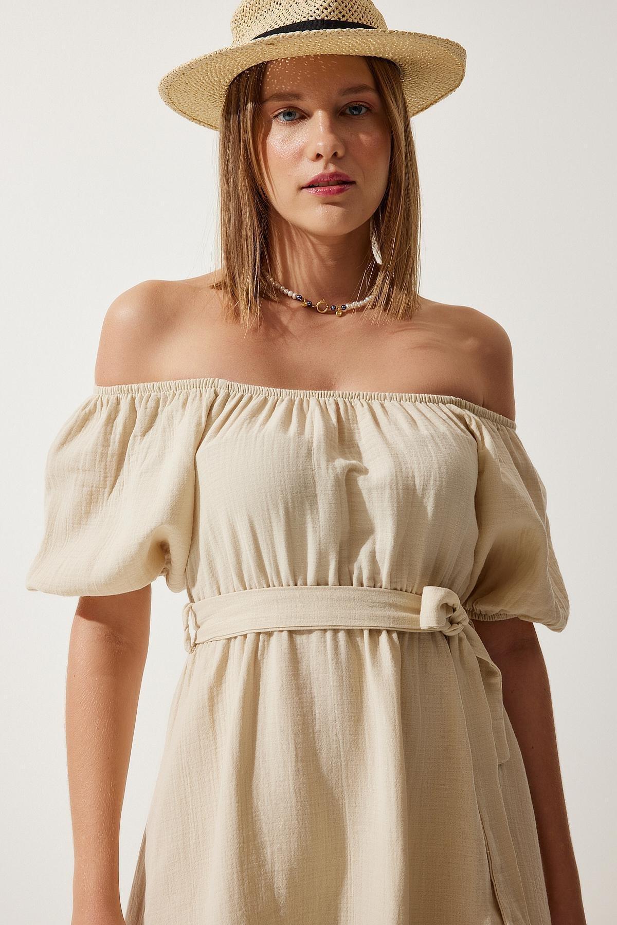 Cream Belted Summer Muslin Dress, , large image number 2