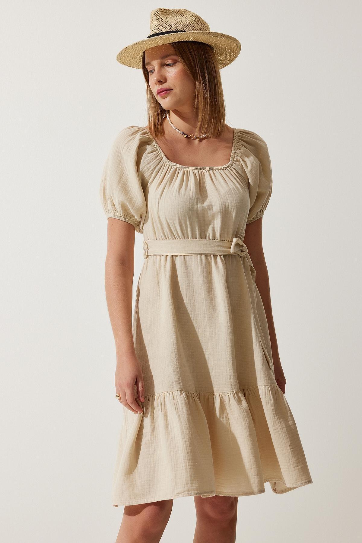 Cream Belted Summer Muslin Dress, , large image number 3