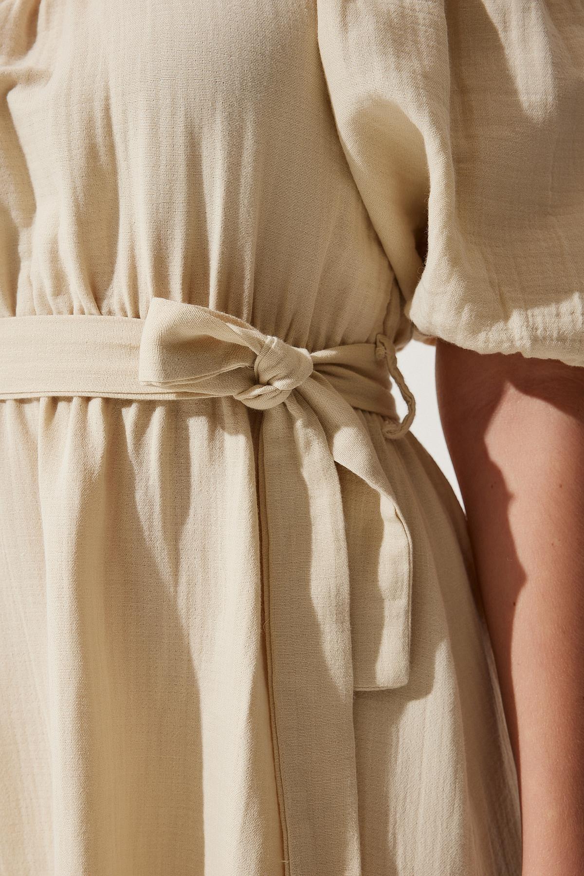 Cream Belted Summer Muslin Dress, , large image number 4