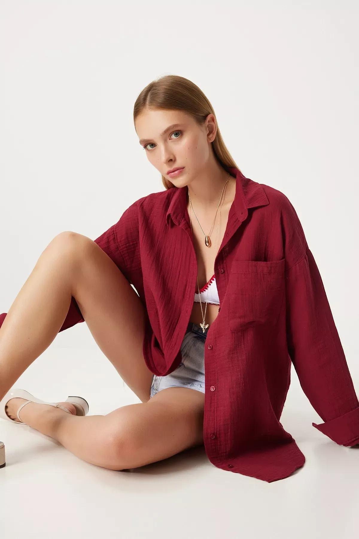 Red Plain Overshirt, Burgundy, large image number 0