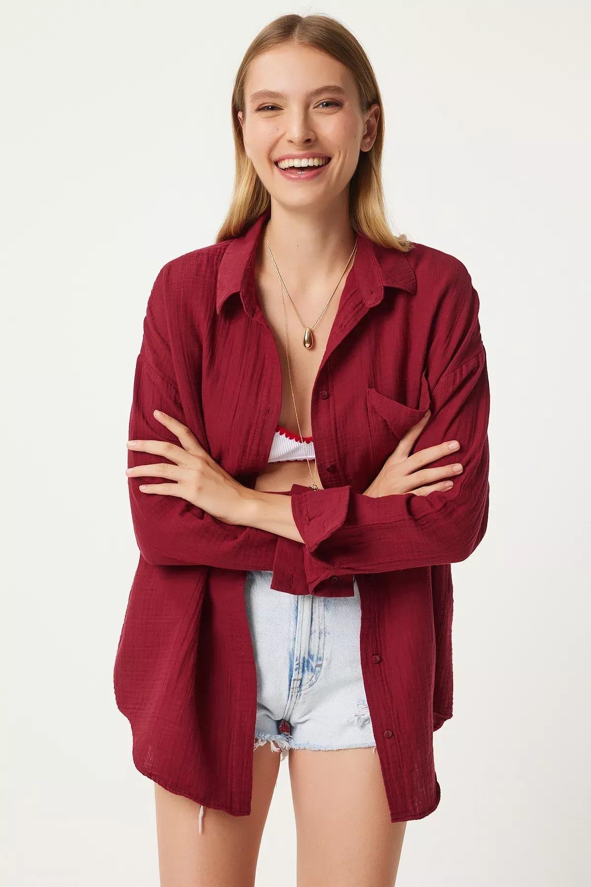 Red Plain Overshirt, Burgundy, large image number 1