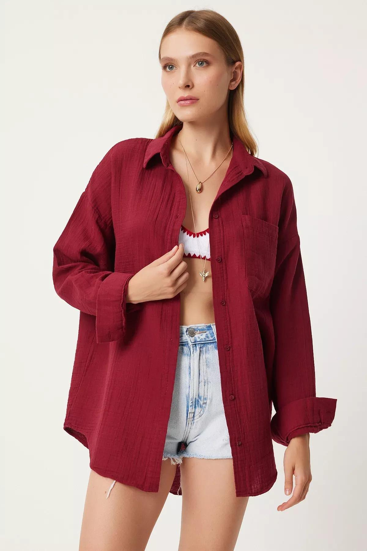 Red Plain Overshirt, Burgundy, large image number 2