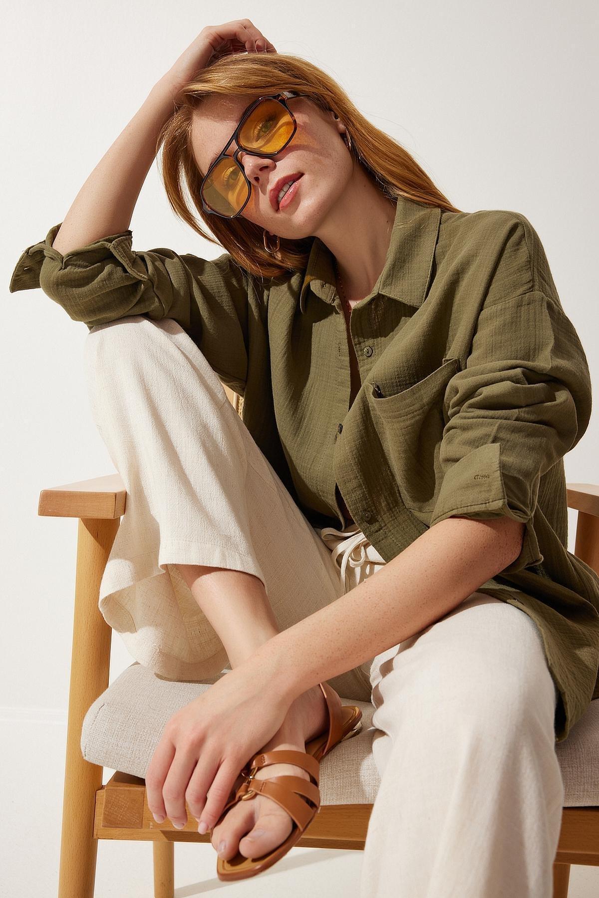 Khaki Oversized Muslin Shirt, Khaki, large image number 0