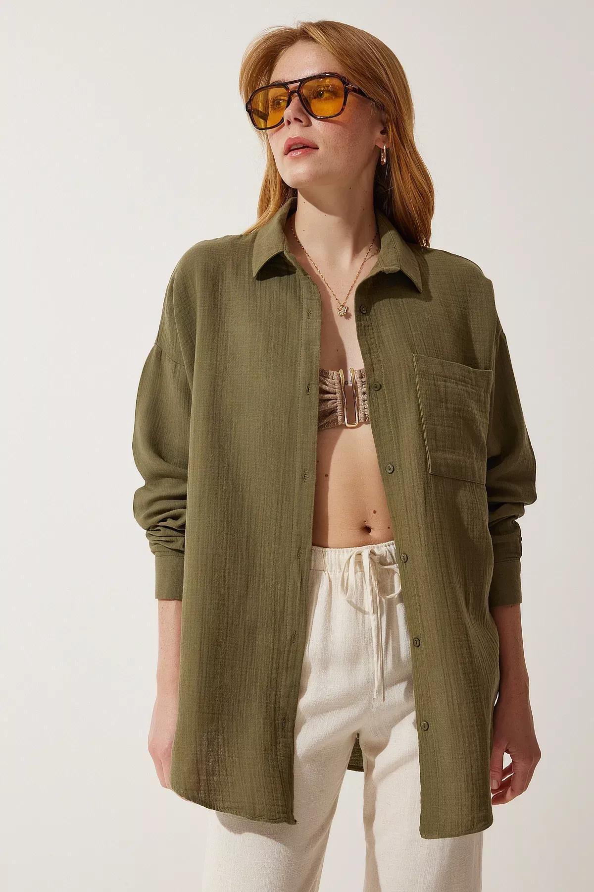 Khaki Oversized Muslin Shirt, Khaki, large image number 1