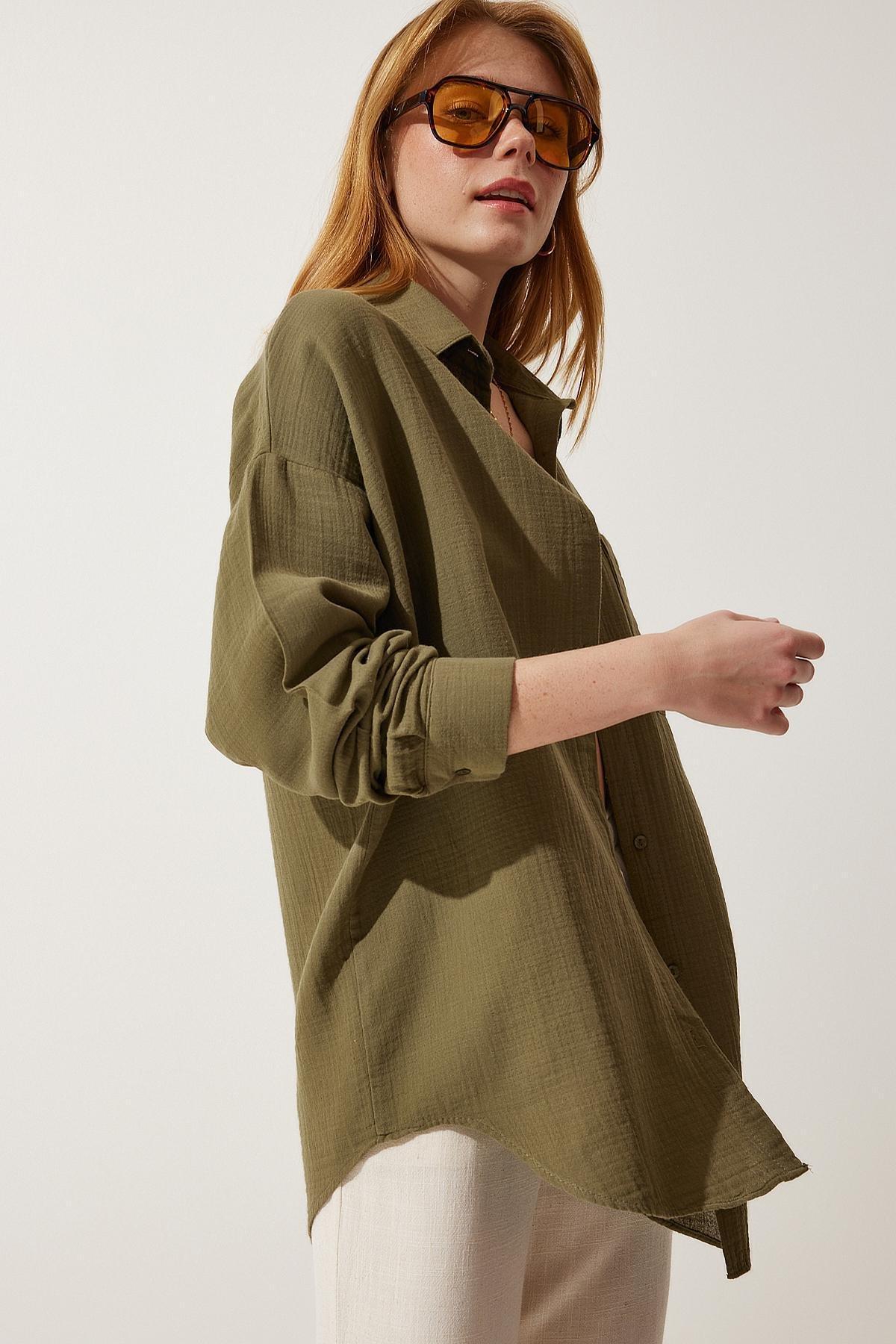 Khaki Oversized Muslin Shirt, Khaki, large image number 2
