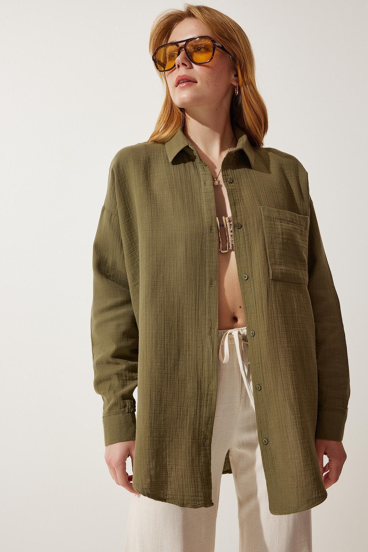 Khaki Oversized Muslin Shirt, Khaki, large image number 3