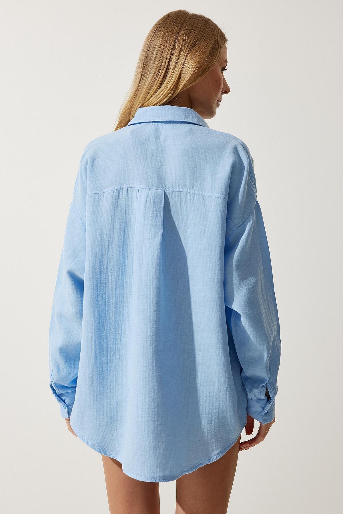 قميص من نسيج الموسلين بقصة فضفاضة بجيب، أزرق, SKY BLUE, large image number 5
