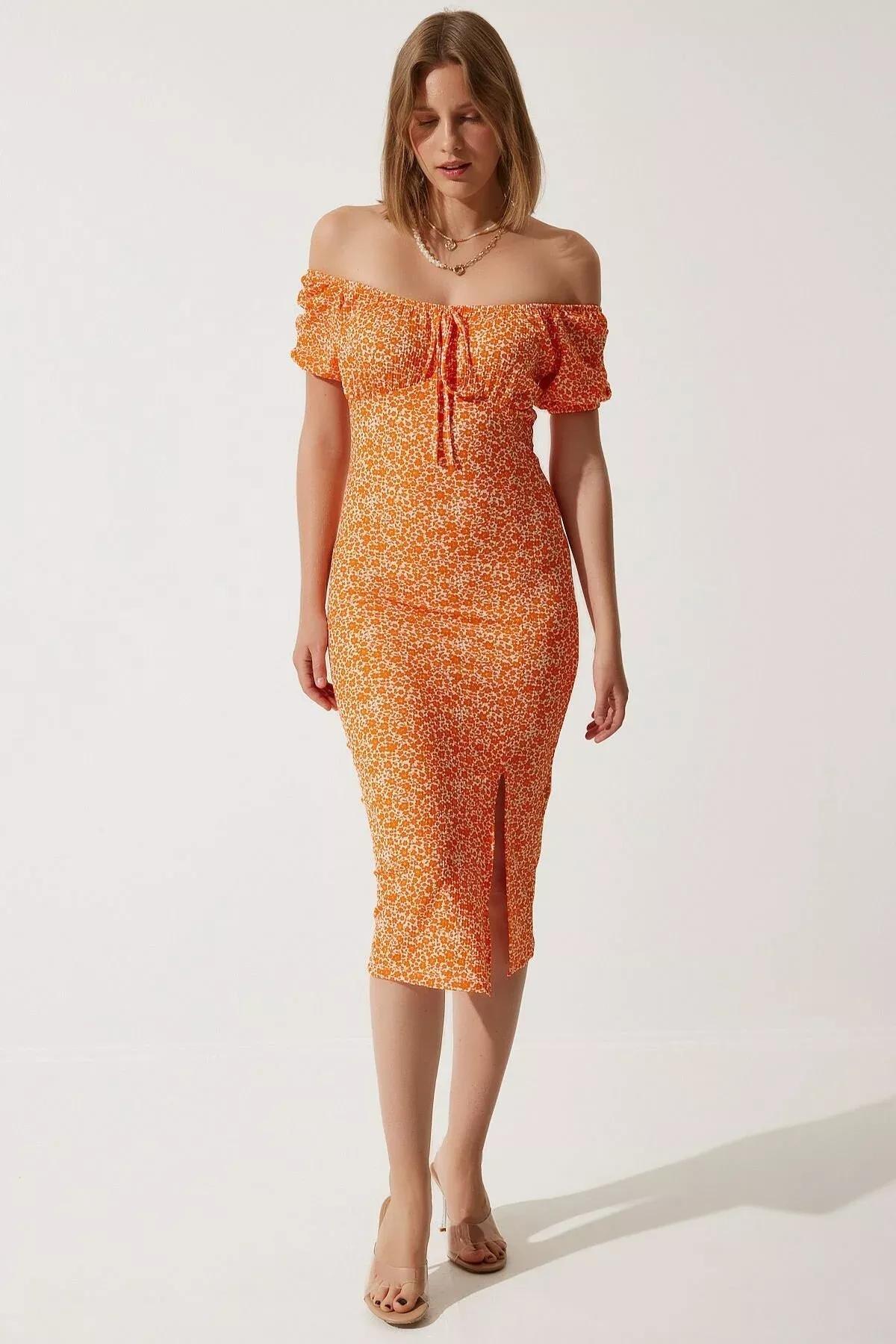 Orange Patterned Gathered Knitted Dress, Orange, large image number 0