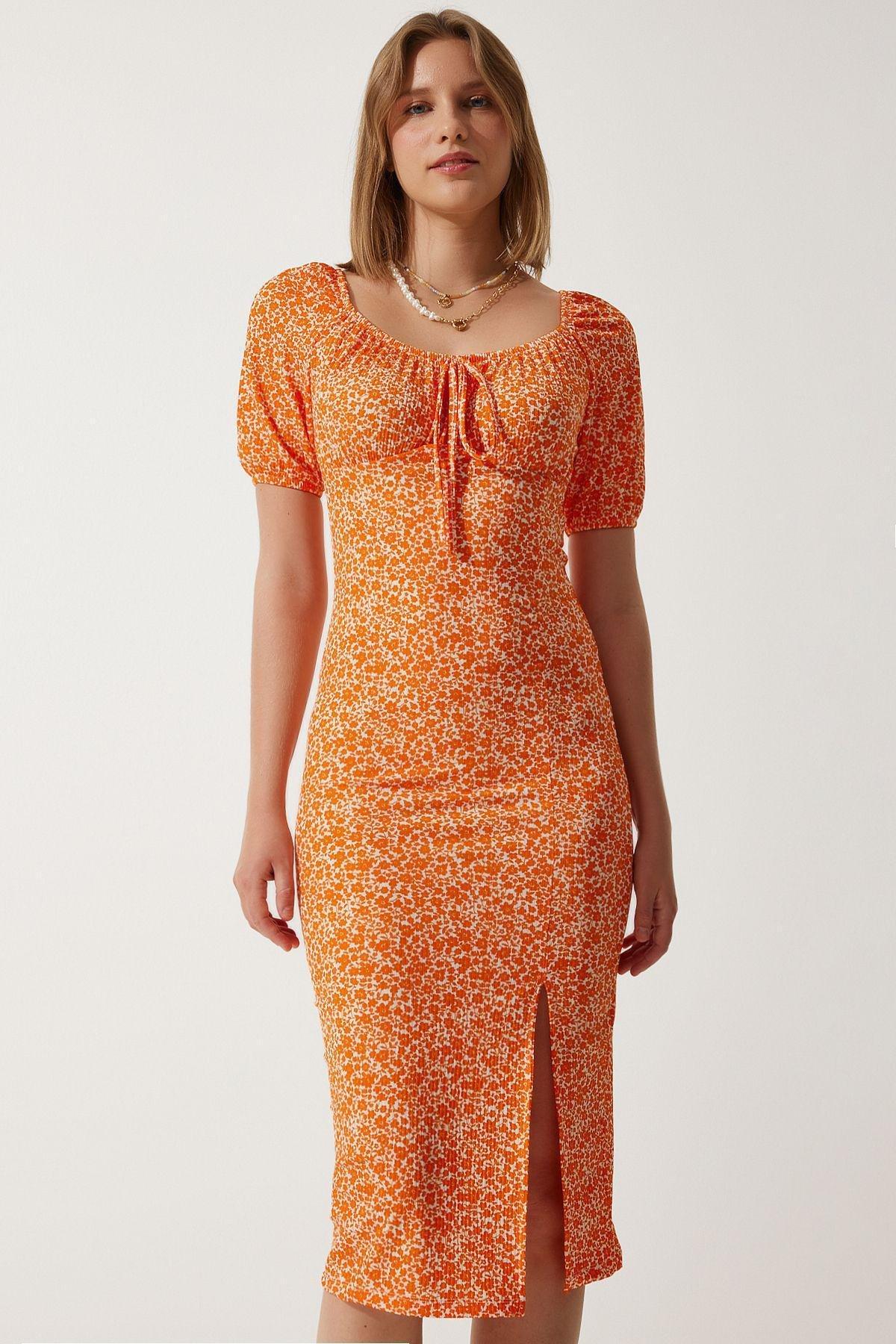 Orange Patterned Gathered Knitted Dress, Orange, large image number 1