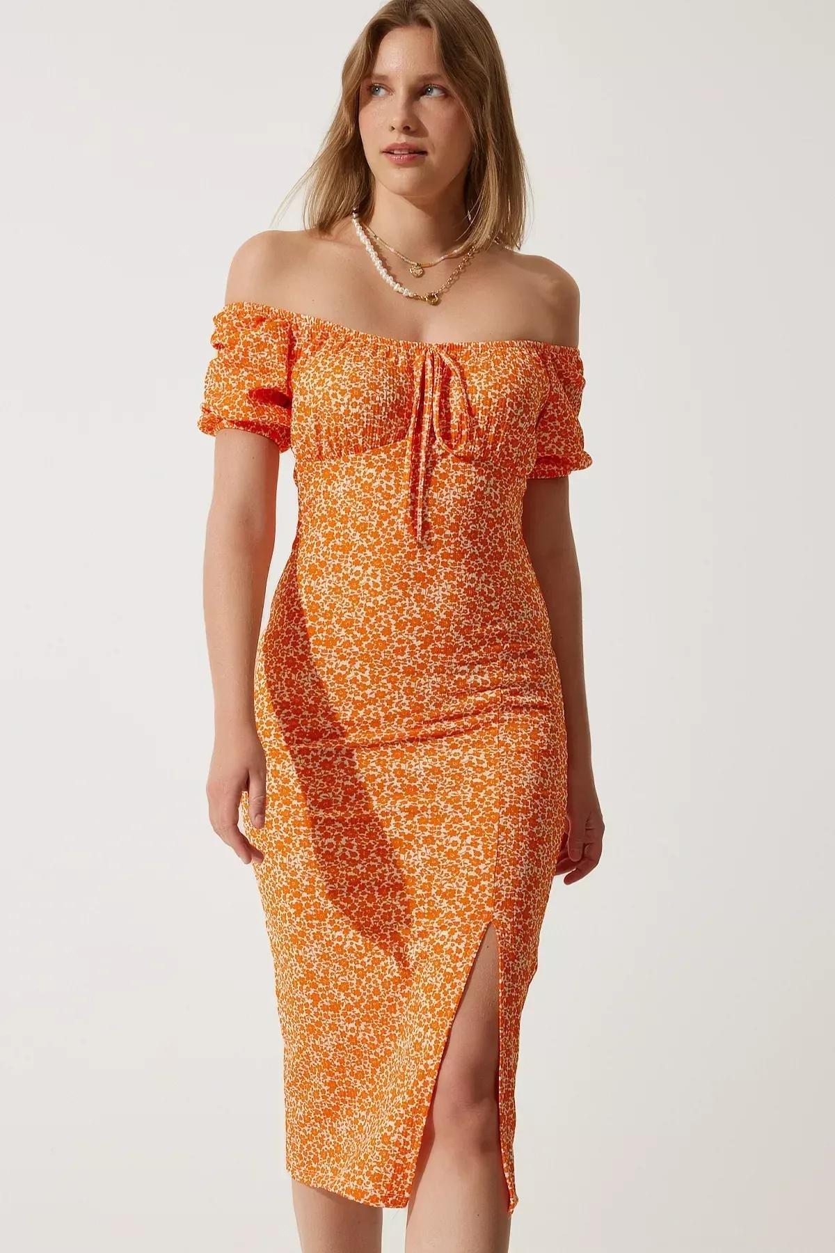 Orange Patterned Gathered Knitted Dress, Orange, large image number 2