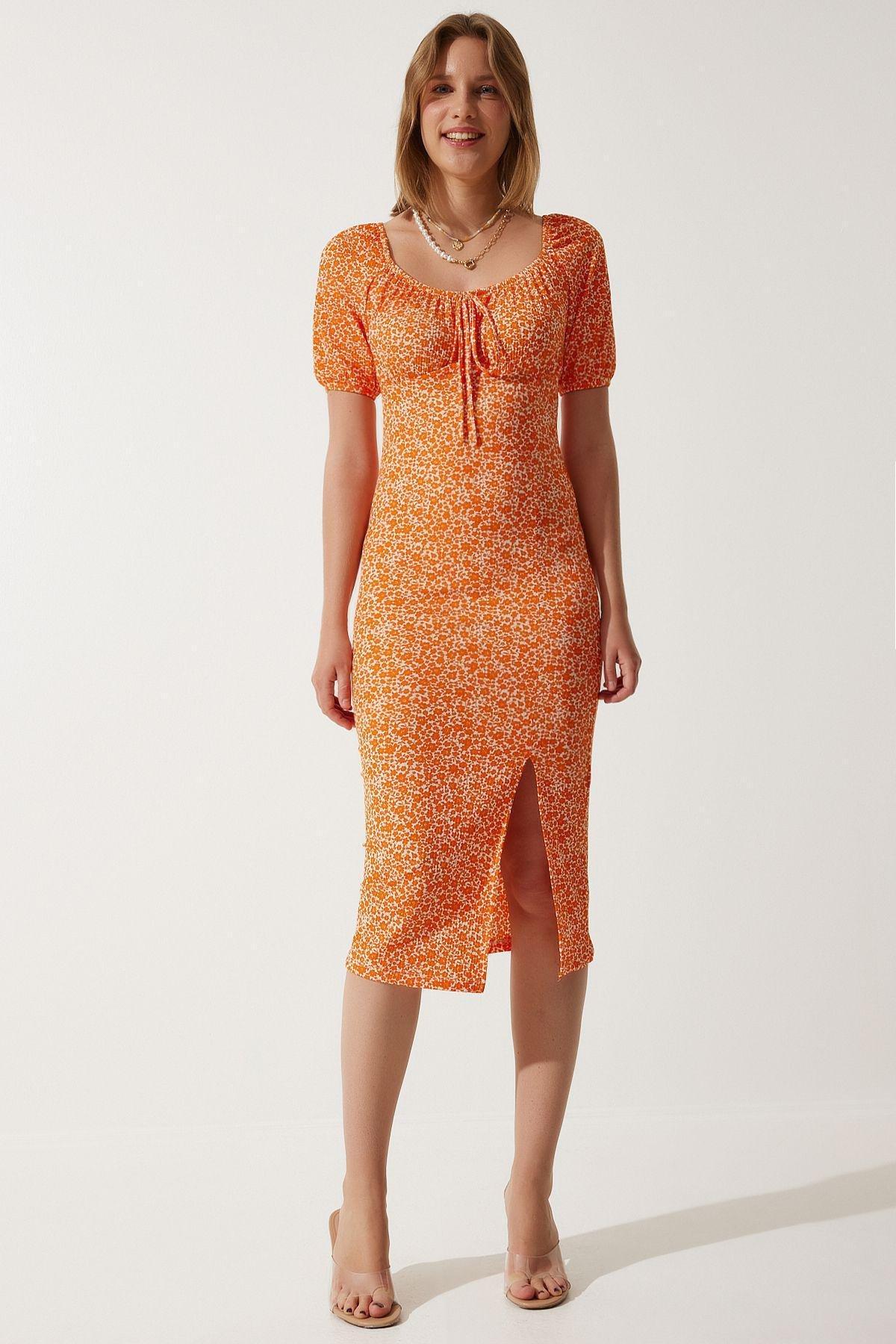 Orange Patterned Gathered Knitted Dress, Orange, large image number 3