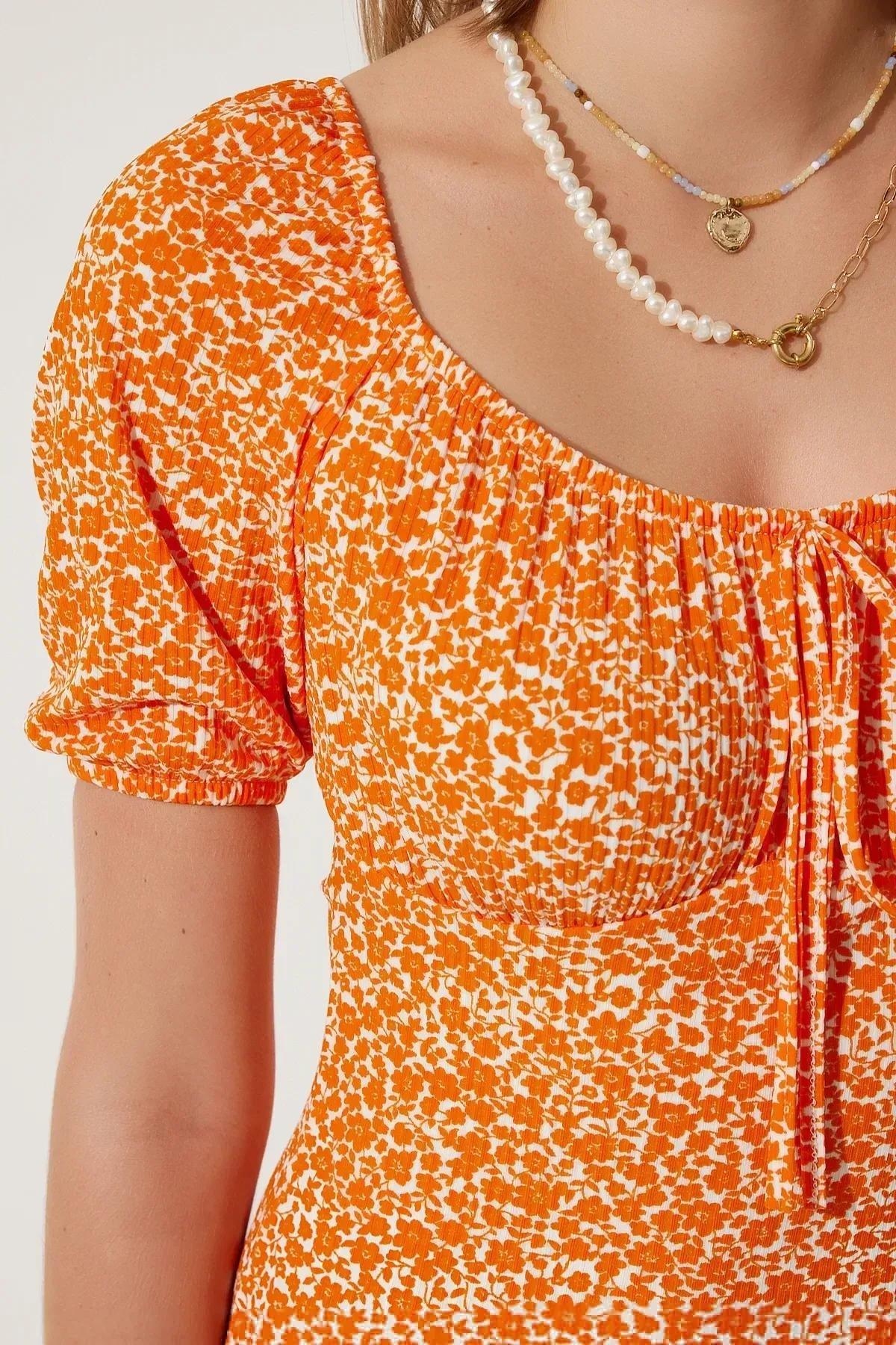 Orange Patterned Gathered Knitted Dress, Orange, large image number 4