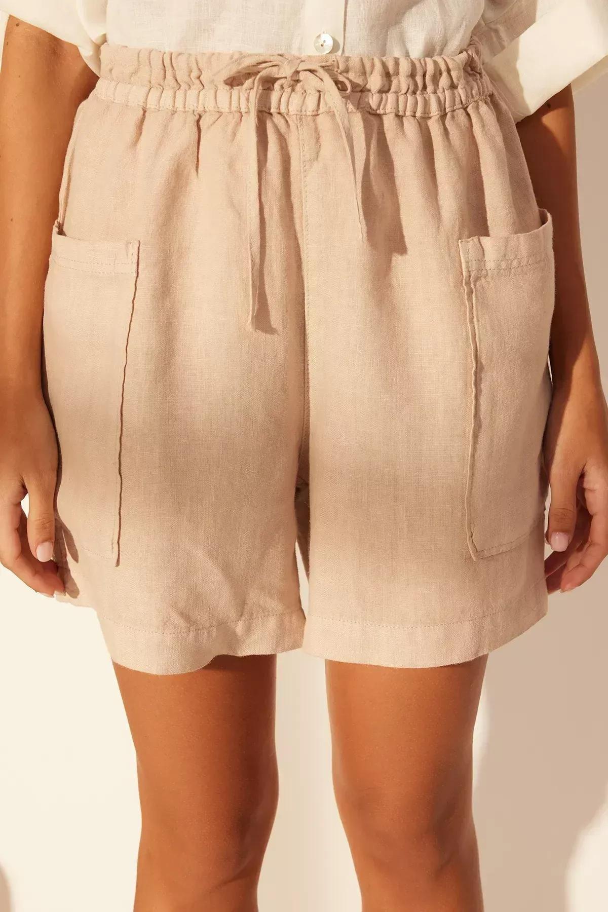 Beige High Waist Shorts, STONE, large image number 3