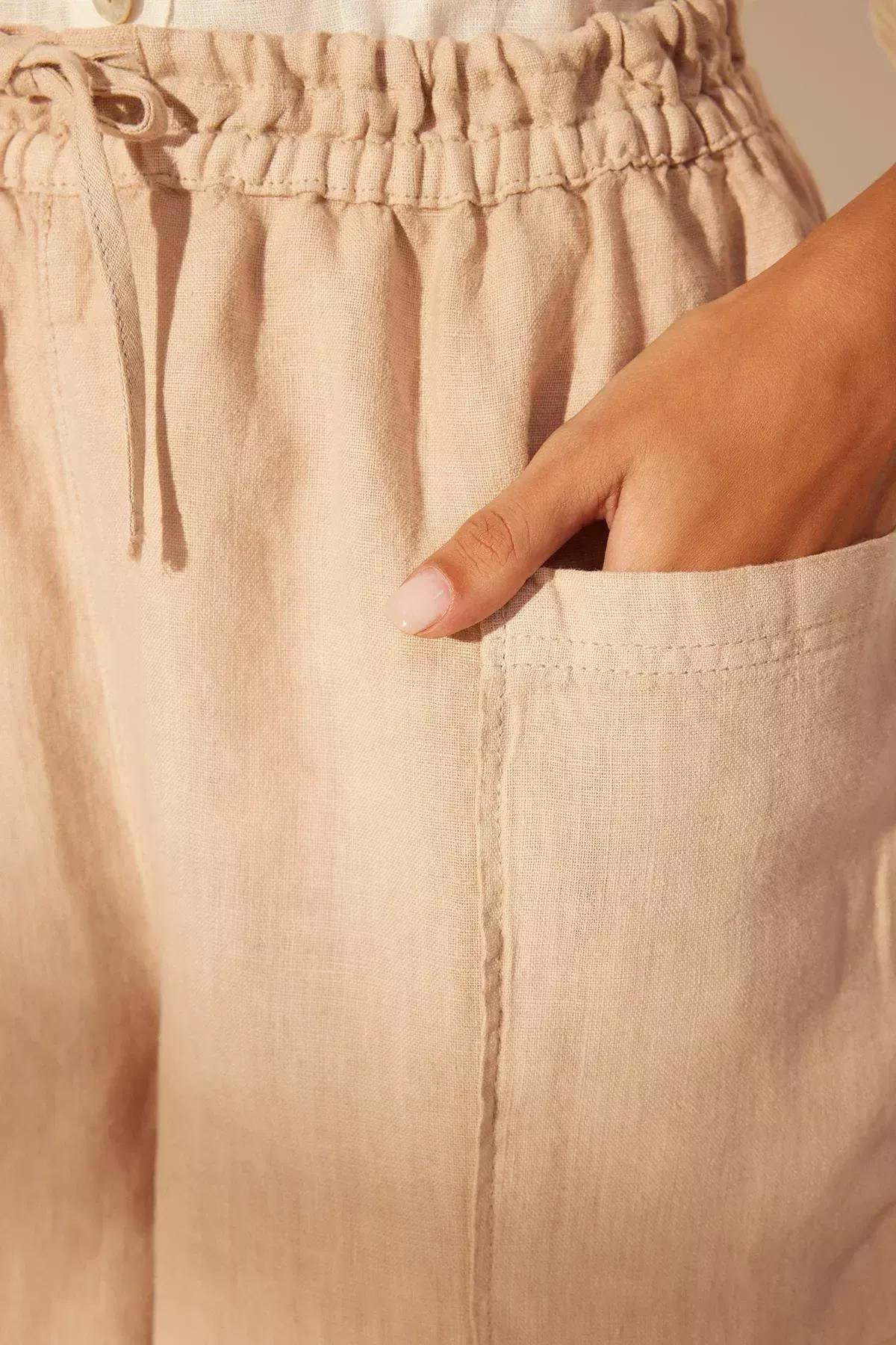 Beige High Waist Shorts, STONE, large image number 4