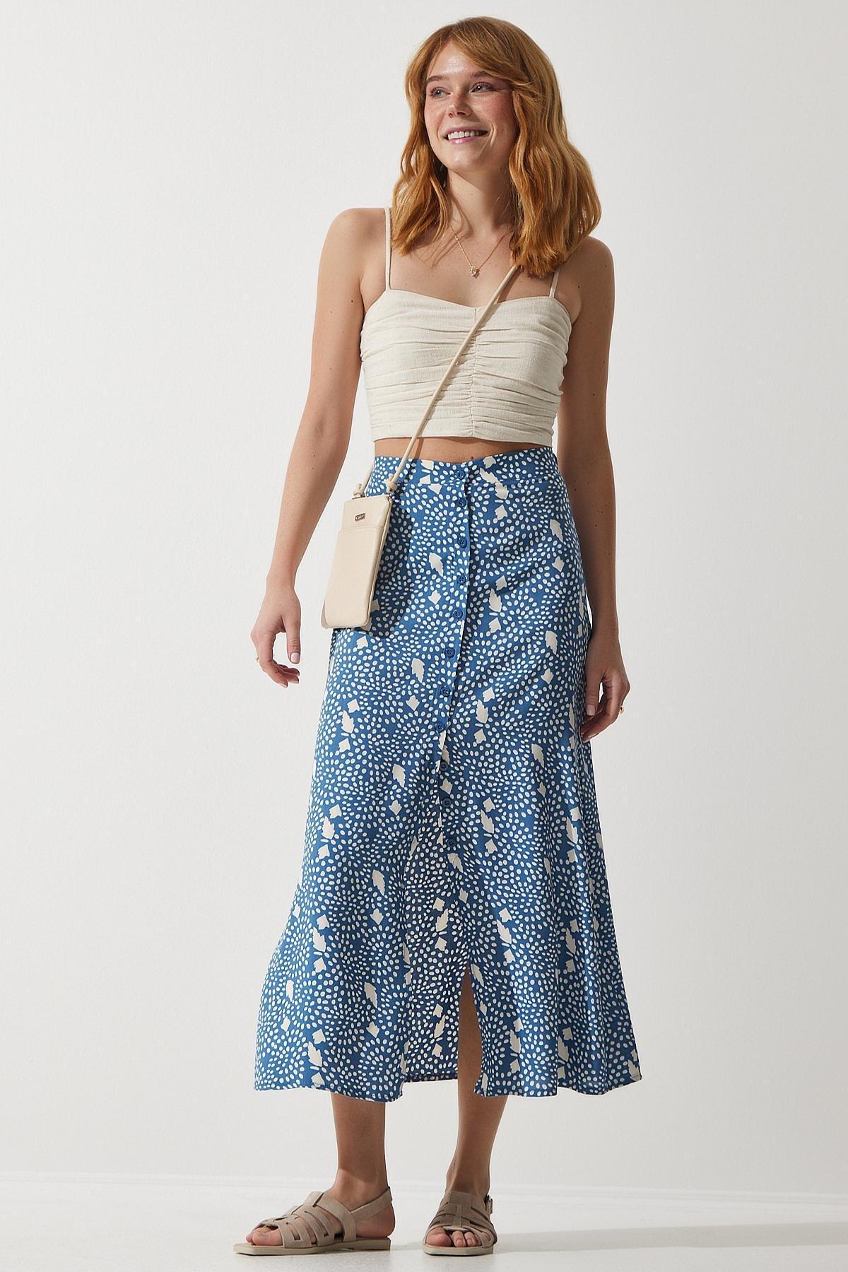 Blue Patterned Slit Skirt, , large image number 0