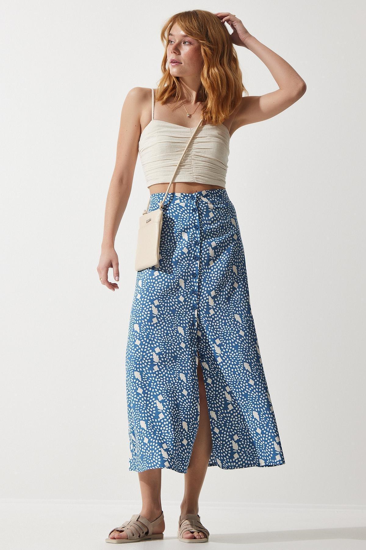 Blue Patterned Slit Skirt, , large image number 2