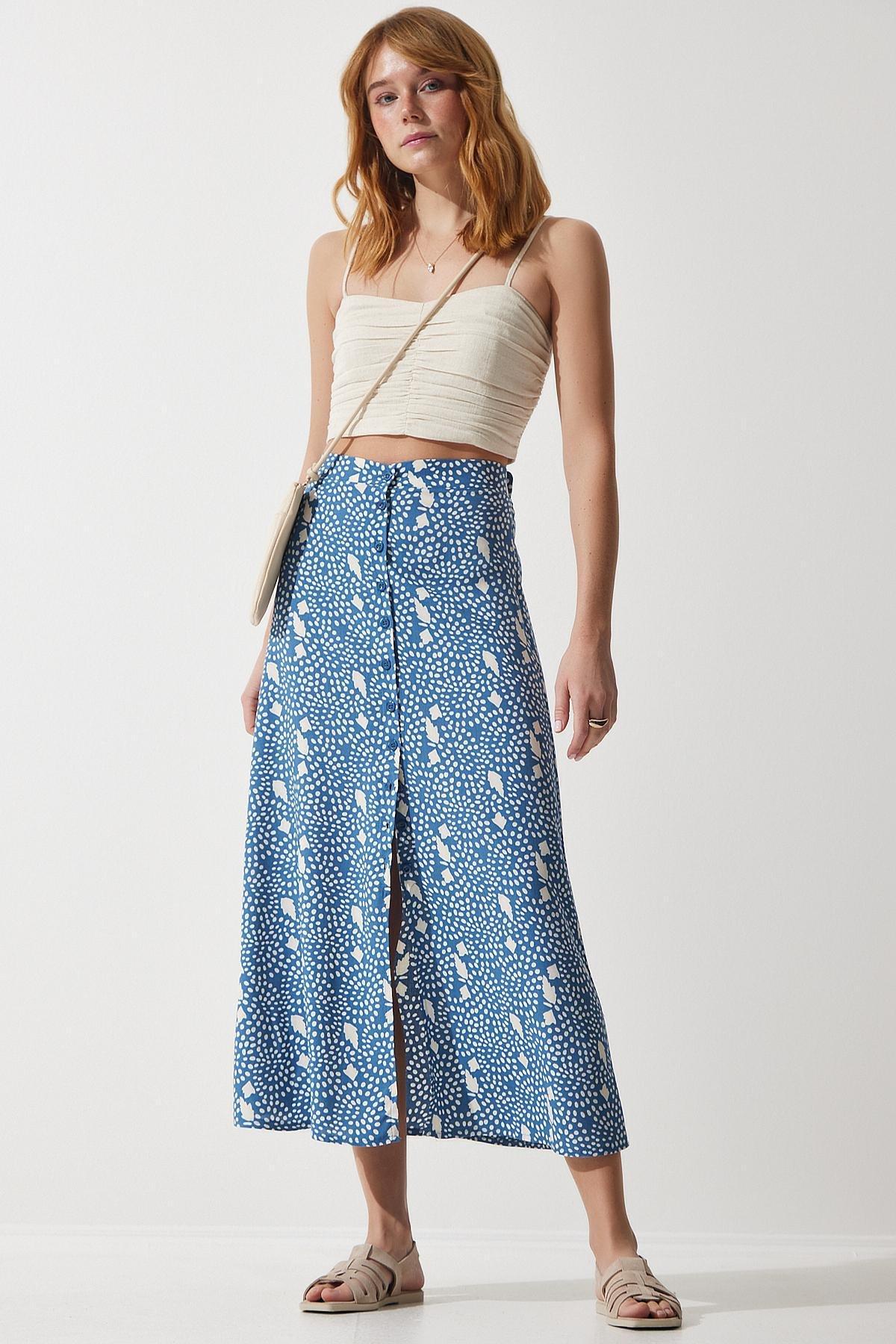 Blue Patterned Slit Skirt, , large image number 3