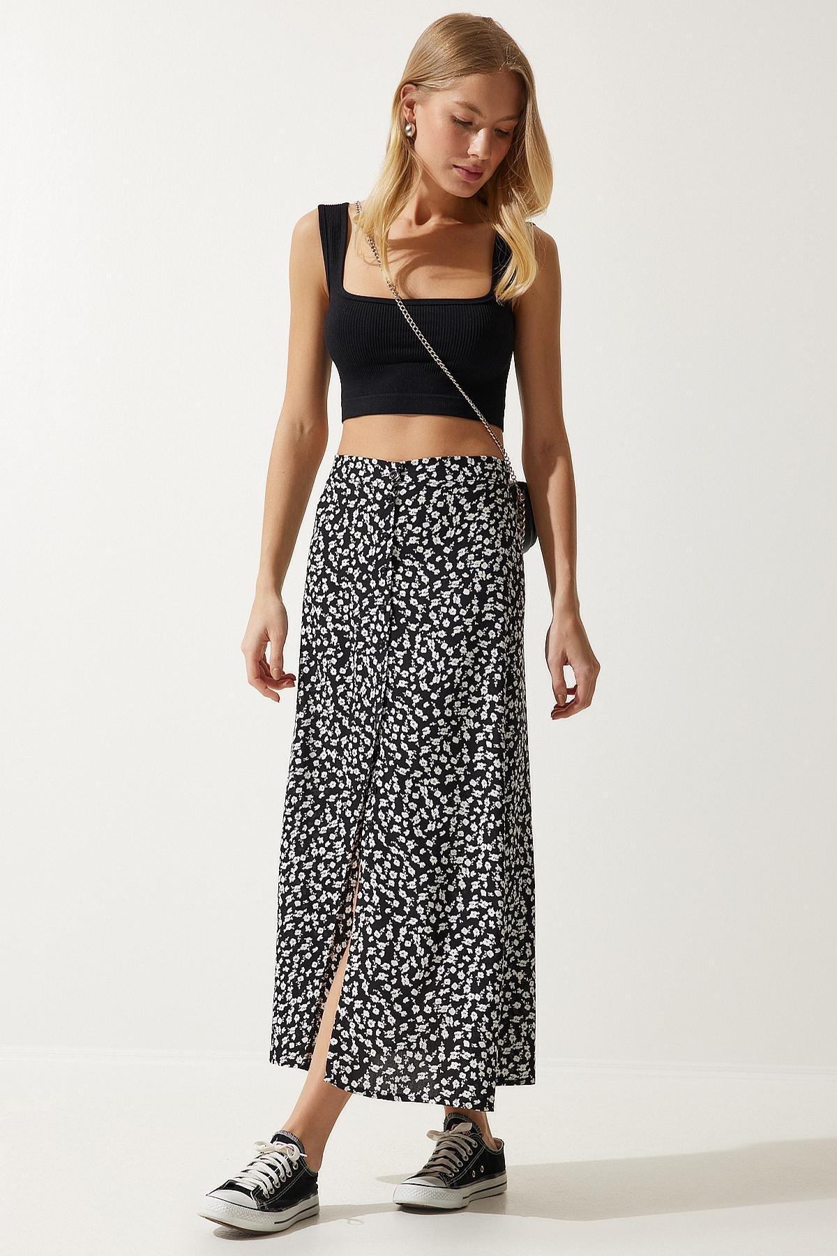 Black Patterned Slit Skirt, , large image number 0