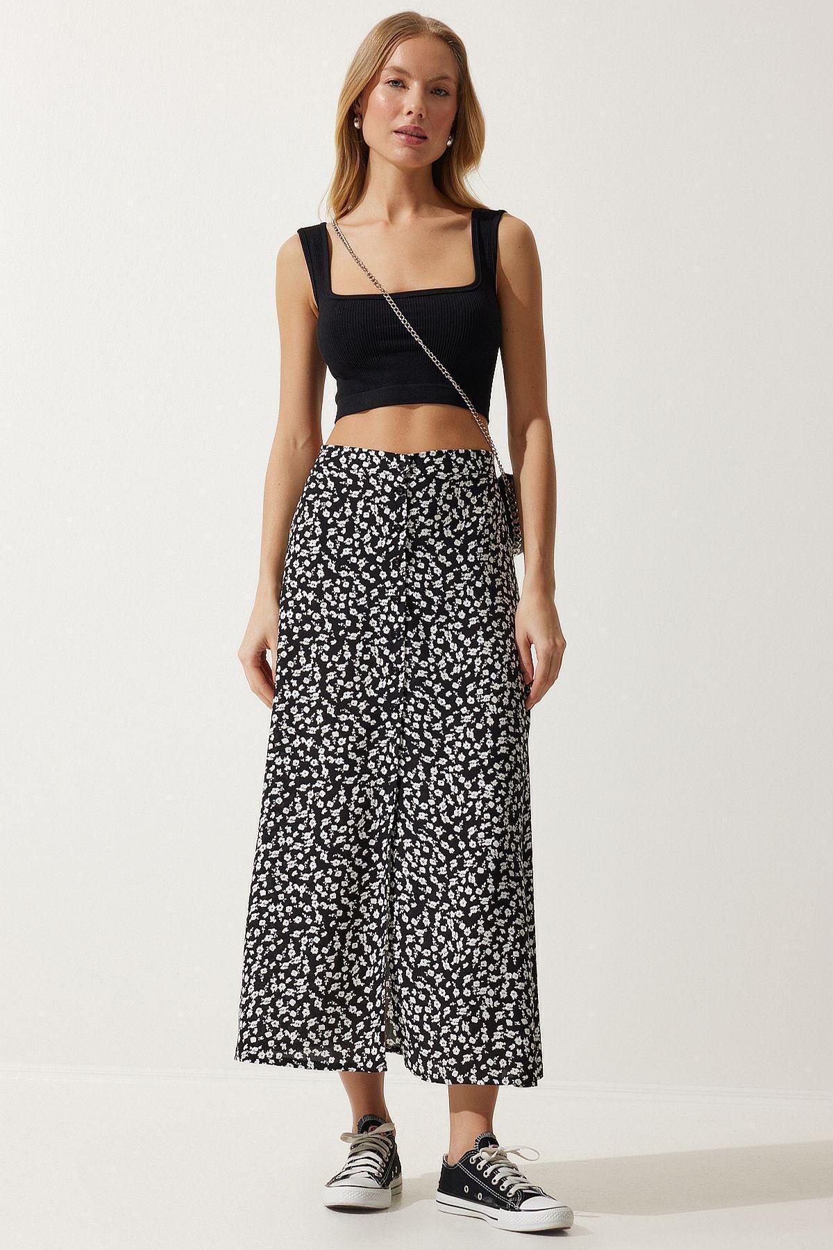 Black Patterned Slit Skirt, , large image number 1