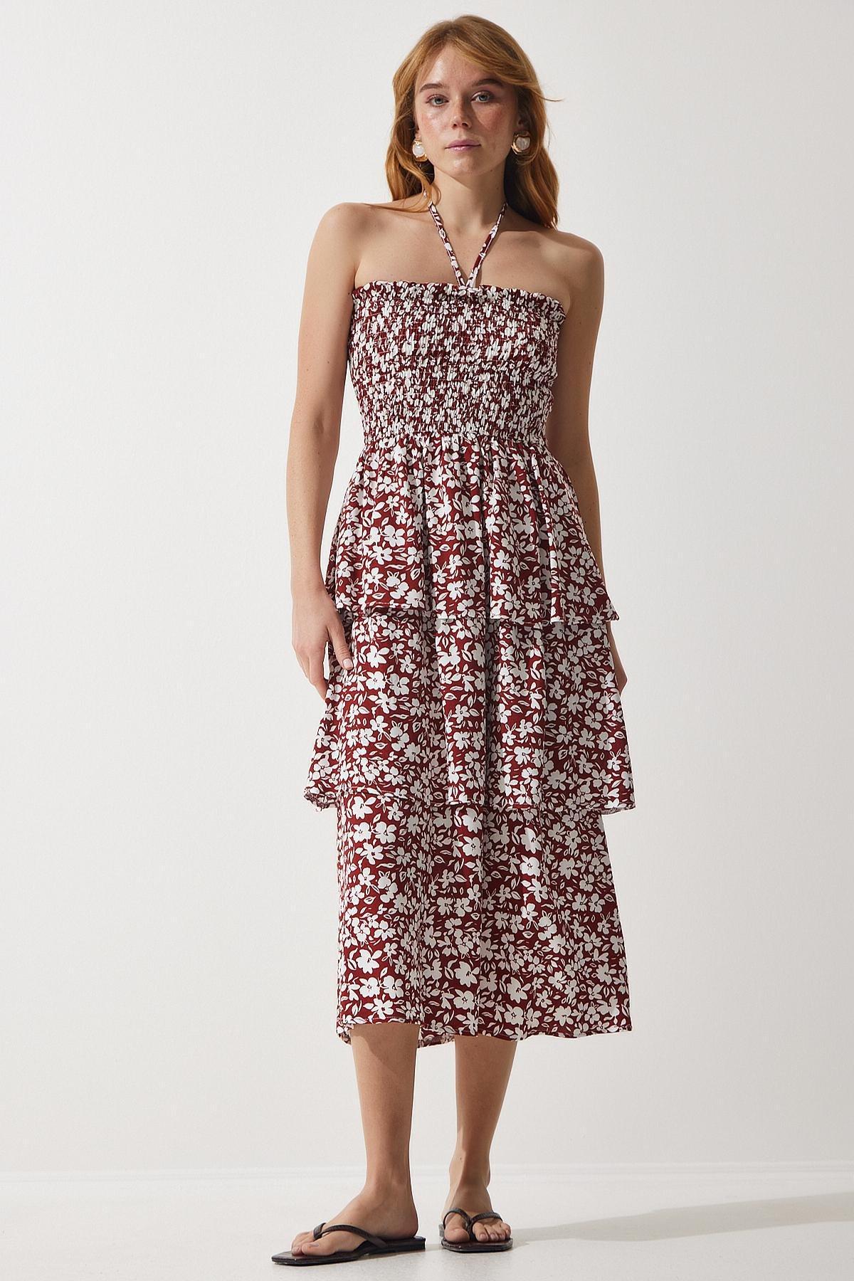 Brown Floral Flounce Dress, , large image number 0