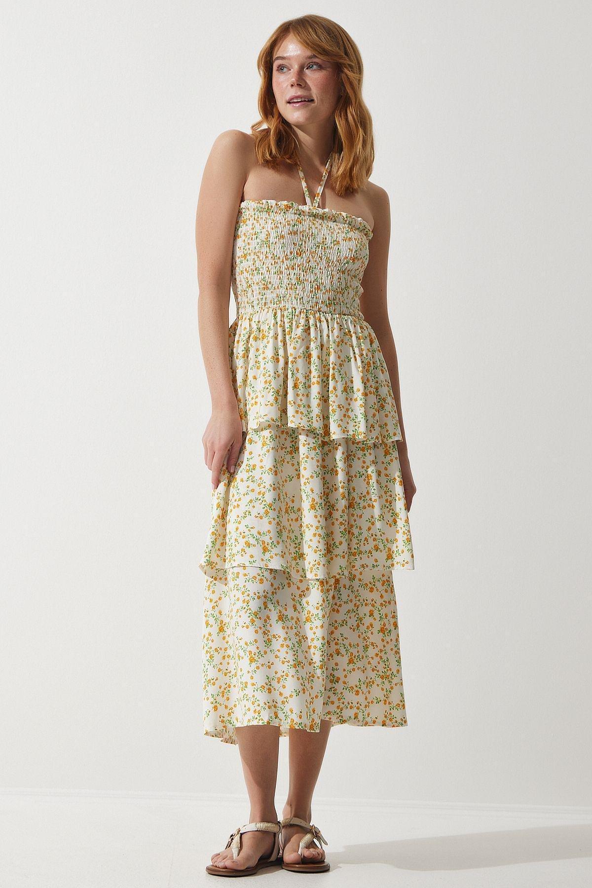 Ecru Yellow Floral Flounce Dress, , large image number 0