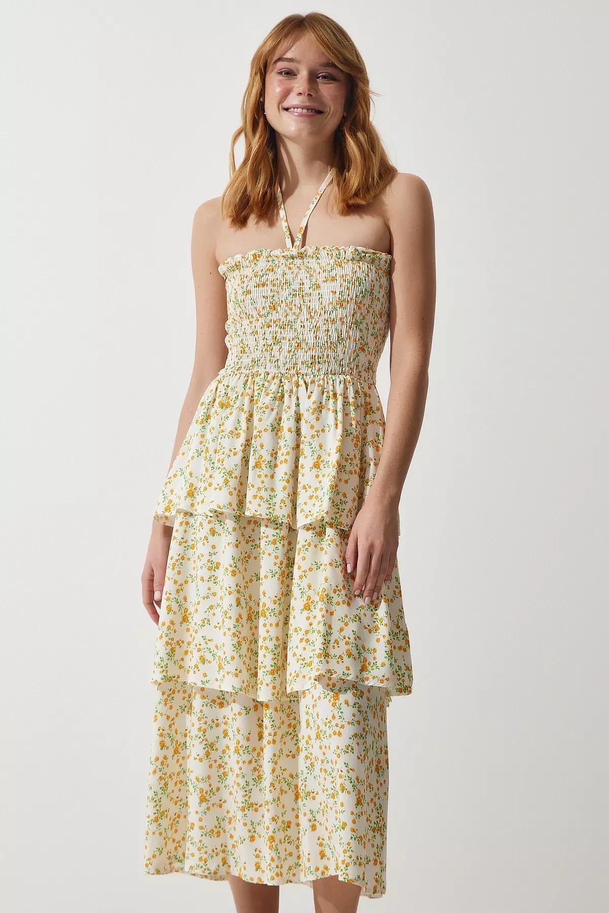 Ecru Yellow Floral Flounce Dress, , large image number 0