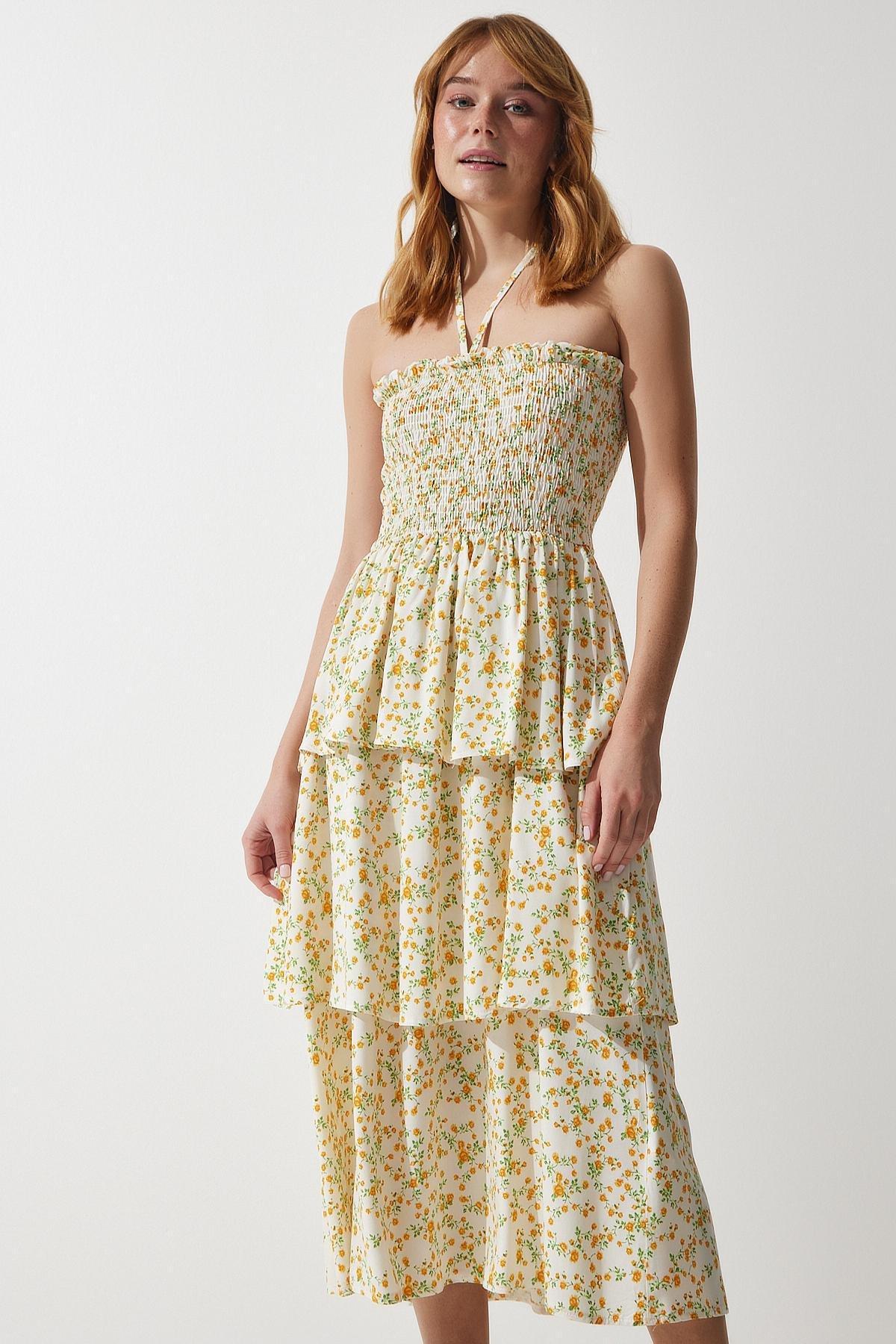 Ecru Yellow Floral Flounce Dress, , large image number 1