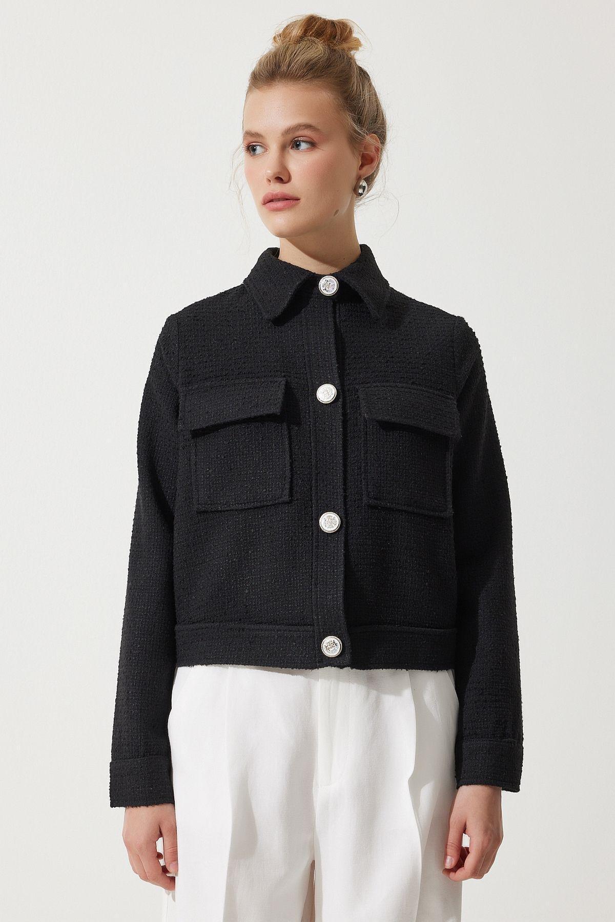 Black Buttoned Woven Tweed Jacket, , large image number 0