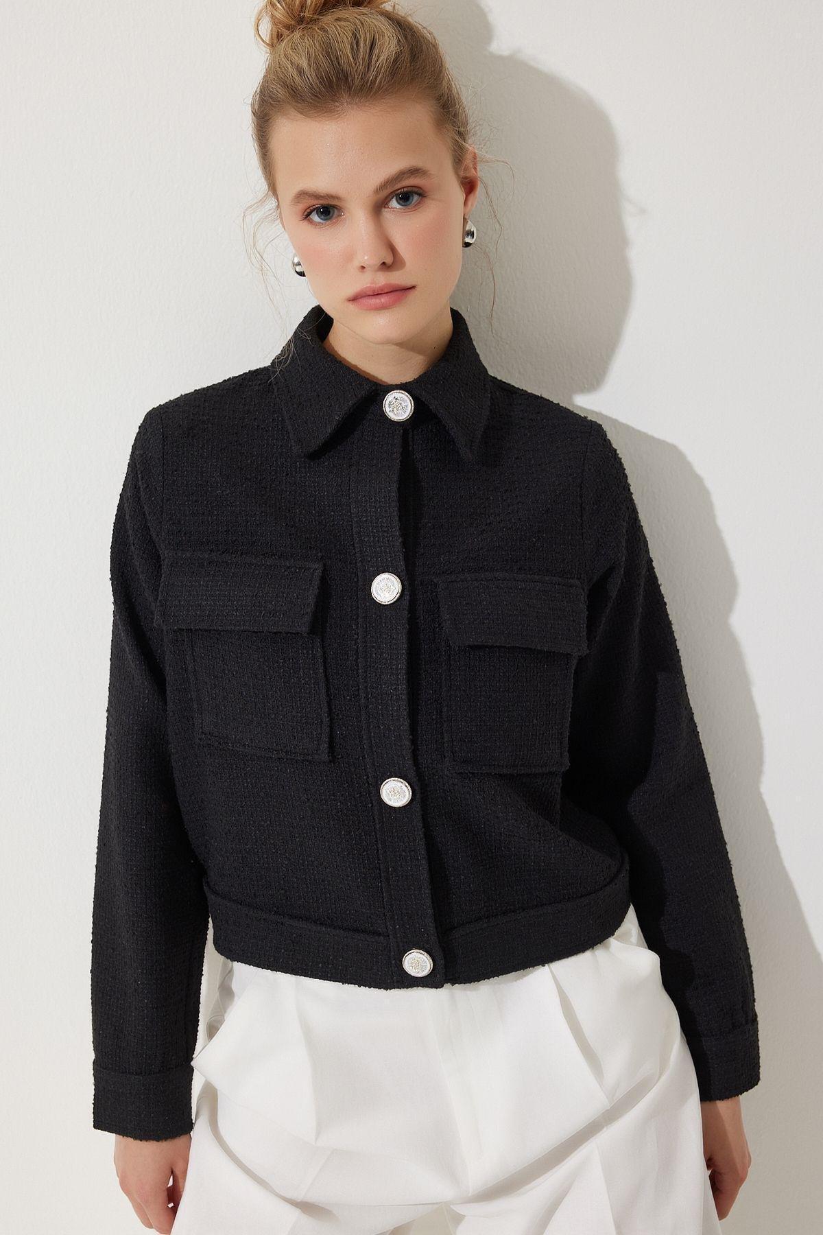 Black Buttoned Woven Tweed Jacket, , large image number 1