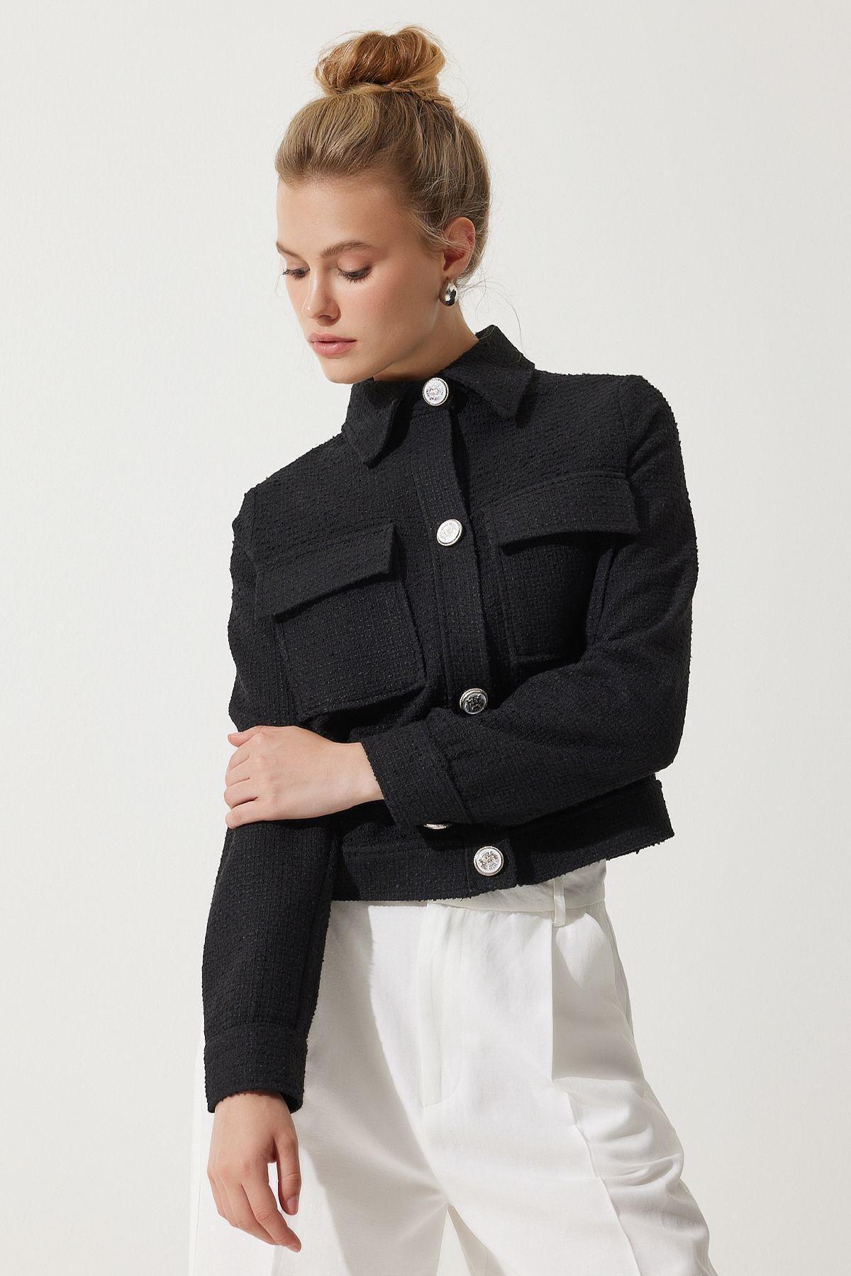 Black Buttoned Woven Tweed Jacket, , large image number 2