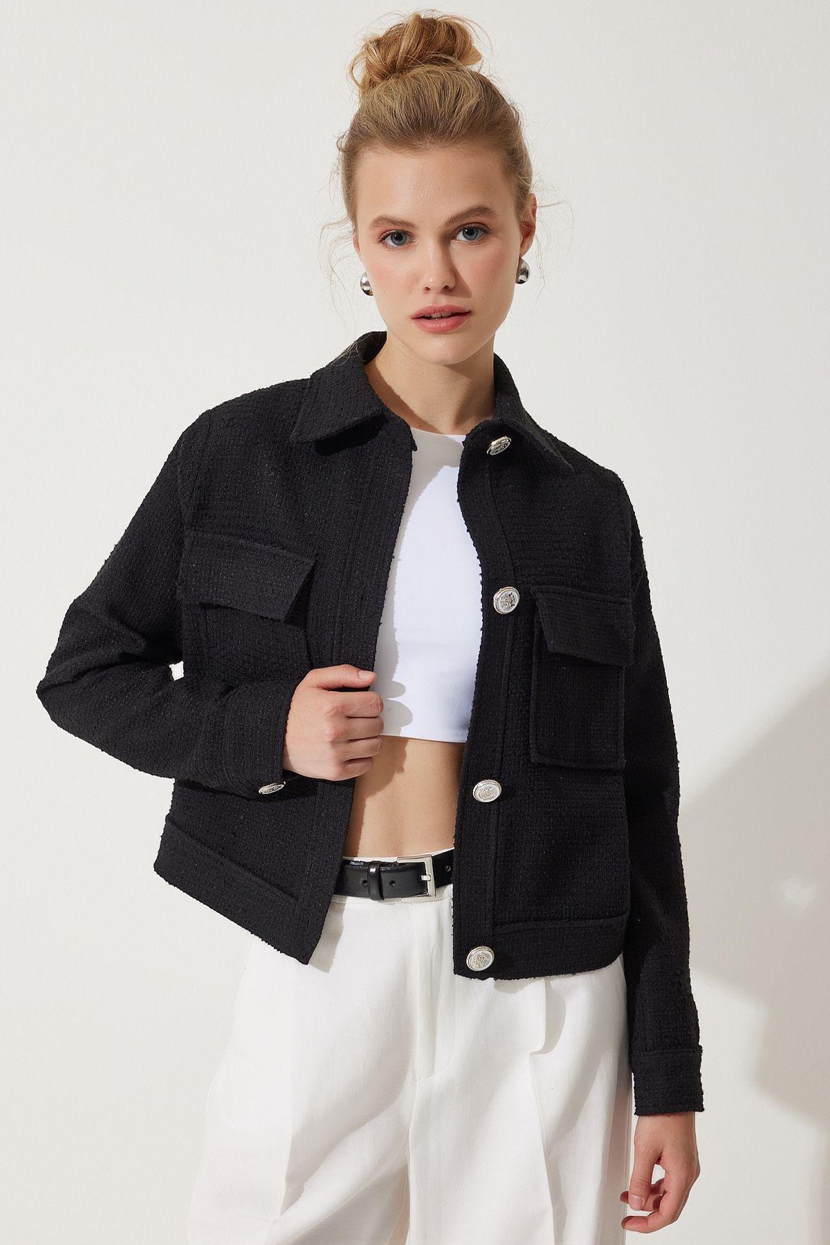 Black Buttoned Woven Tweed Jacket, , large image number 3