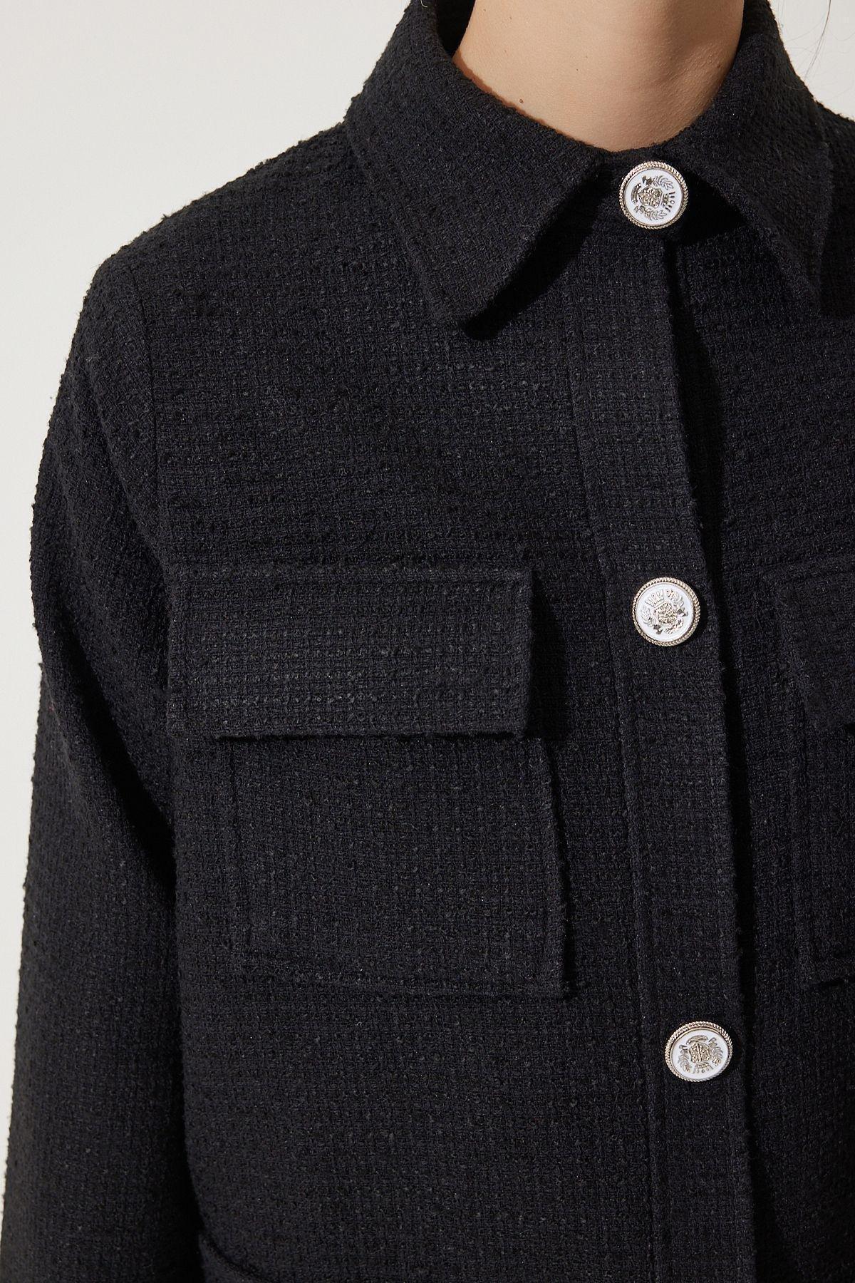 Black Buttoned Woven Tweed Jacket, , large image number 4