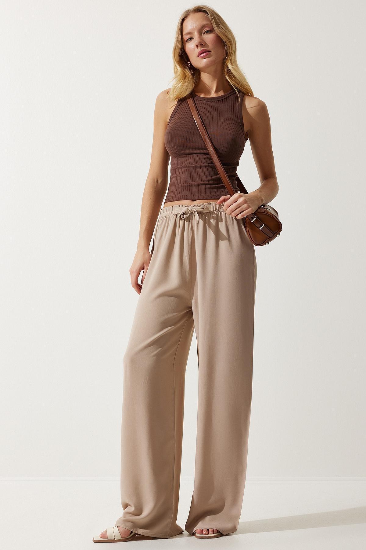 Beige Flowy Long Trousers, , large image number 0