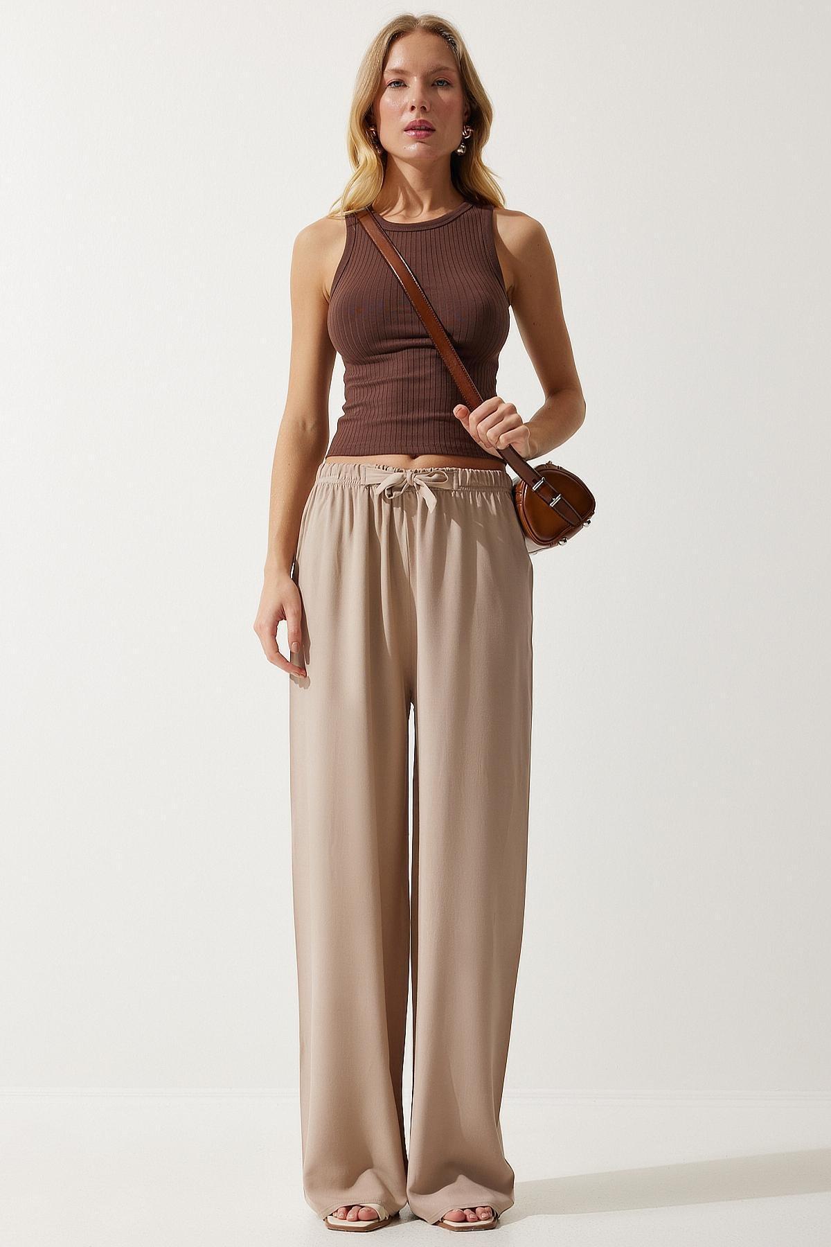 Beige Flowy Long Trousers, , large image number 1