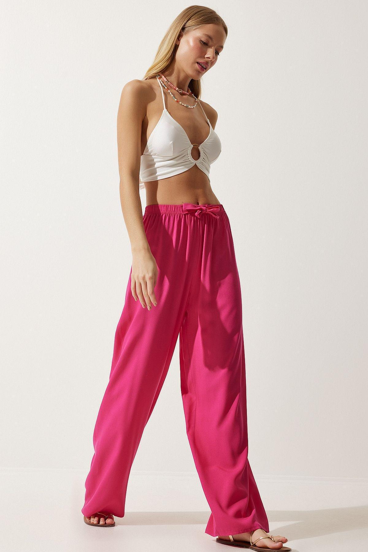 Womens Pink Viscose Palazzo Trousers, Fuchsia, large image number 1