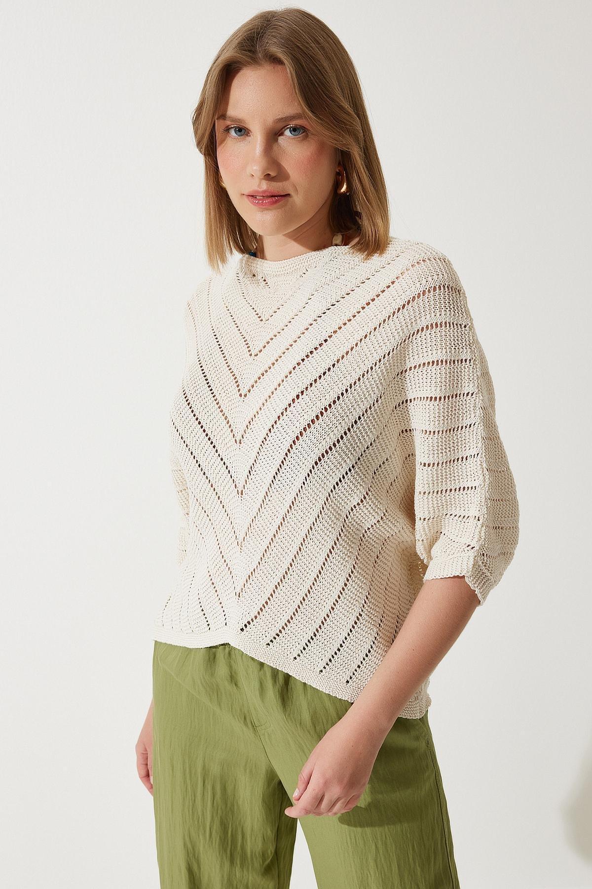 Cream Open-Work Cropped Blouse, Cream, large image number 1